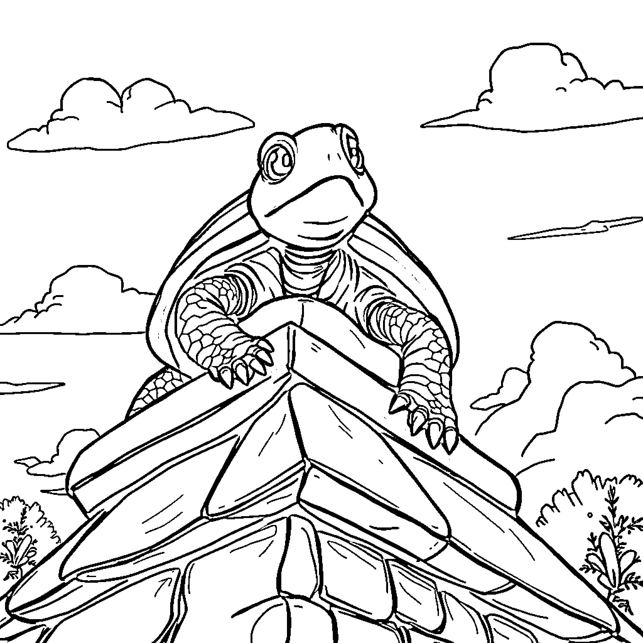 Turtle on a Rocky Outcrop Coloring Page (free black-and-white line drawing printable PDF for all, from beginners to advanced learners, including children, teens, adults, and seniors)