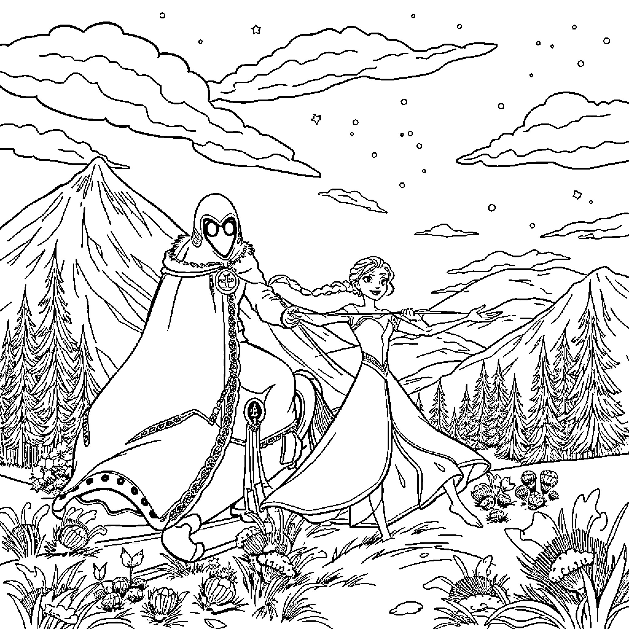 Unicorn duo on a magical adventure in the snowy forest Coloring Page (free black-and-white line drawing printable PDF for all, from beginners to advanced learners, including children, teens, adults, and seniors)