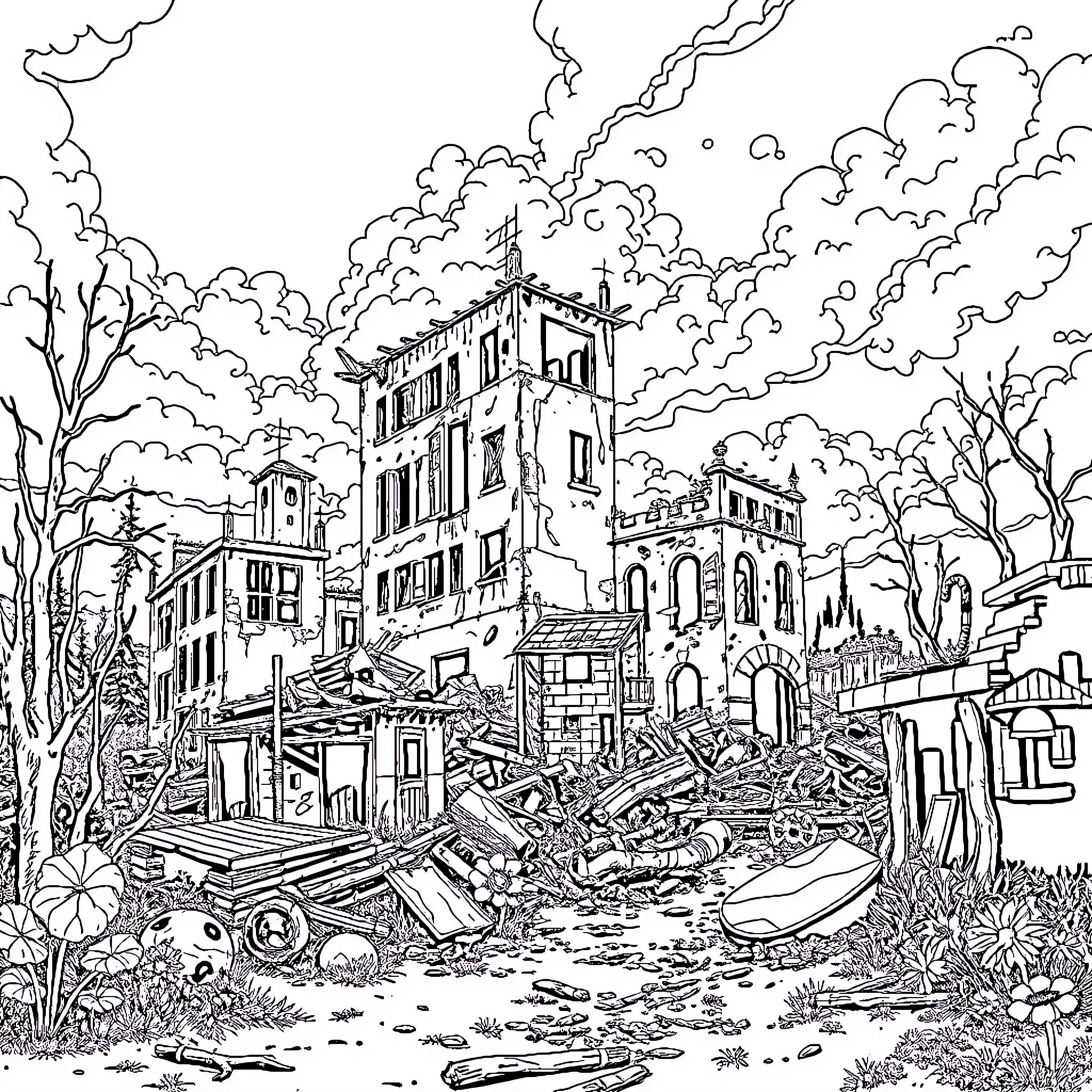 Fallout: Abandoned City Ruins with Debris Coloring Page (free black-and-white line drawing printable PDF for all, from beginners to advanced learners, including children, teens, adults, and seniors)