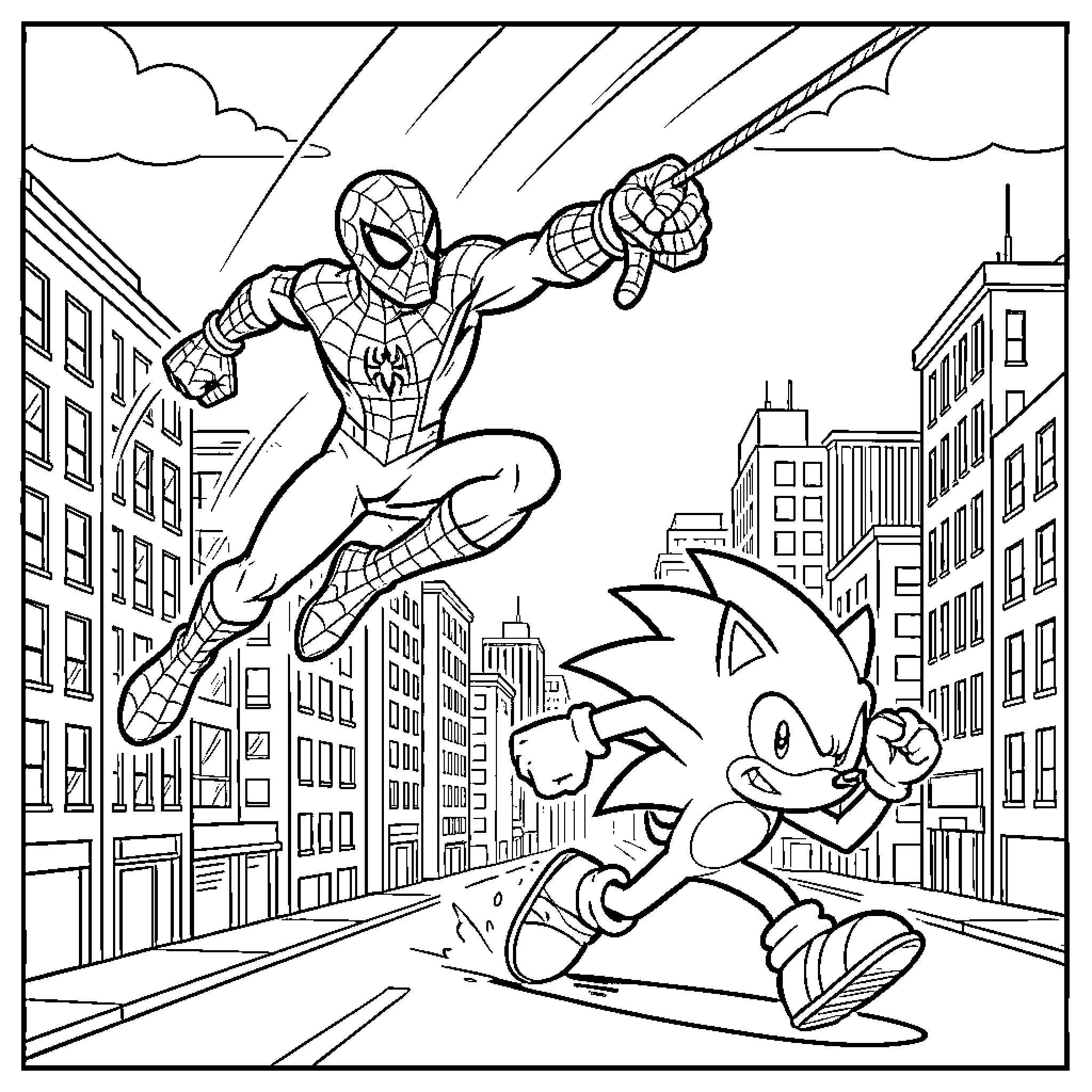 Spiderman swinging through a city while Sonic runs Coloring Page (free black-and-white line drawing printable PDF for all, from beginners to advanced learners, including children, teens, adults, and seniors)