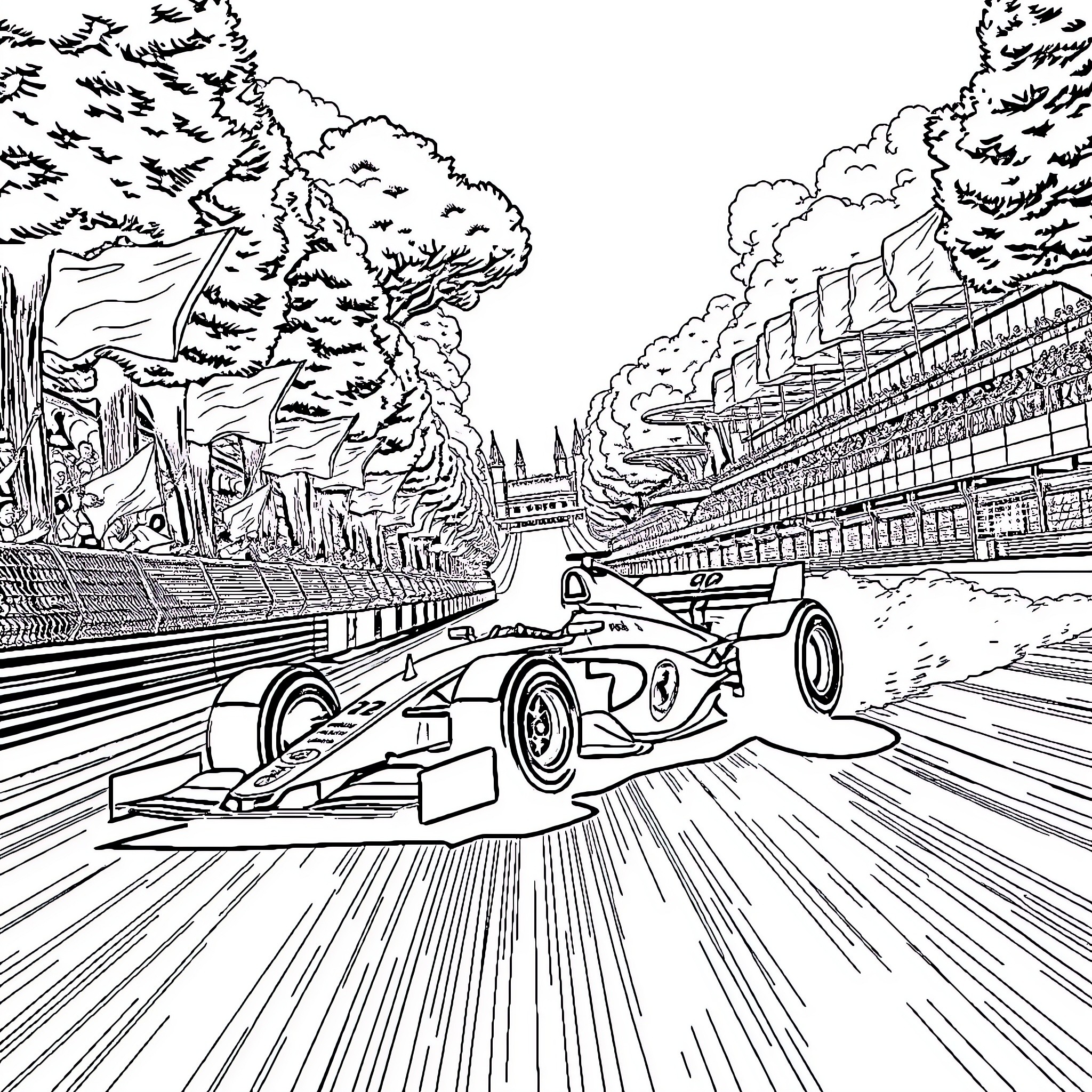 Formula 1 Car speeding on racing track Coloring Page (free black-and-white line drawing printable PDF for all, from beginners to advanced learners, including children, teens, adults, and seniors)