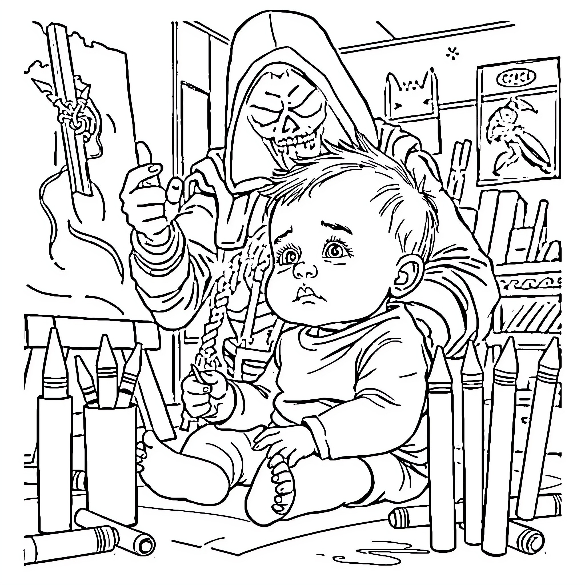 Baby playing with toys in a spooky room Coloring Page (free black-and-white line drawing printable PDF for all, from beginners to advanced learners, including children, teens, adults, and seniors)