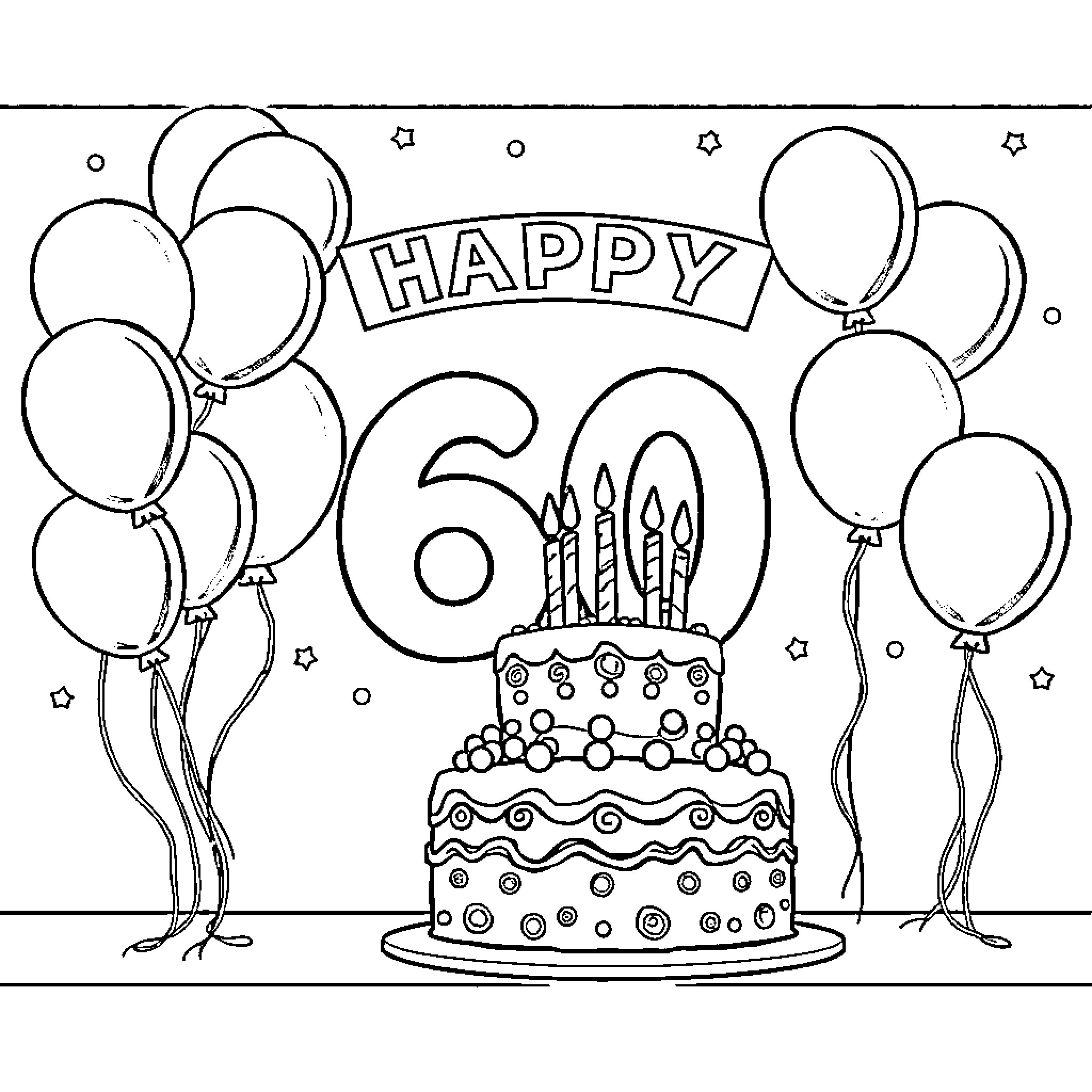 Birthday Celebration with Cake and Balloons Coloring Page (free black-and-white line drawing printable PDF for all, from beginners to advanced learners, including children, teens, adults, and seniors)