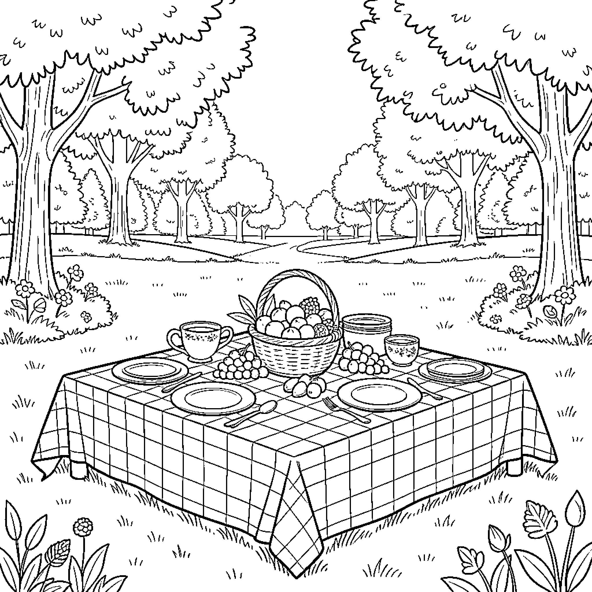 Picnic in the Serene Forest Coloring Page (free black-and-white line drawing printable PDF for all, from beginners to advanced learners, including children, teens, adults, and seniors)