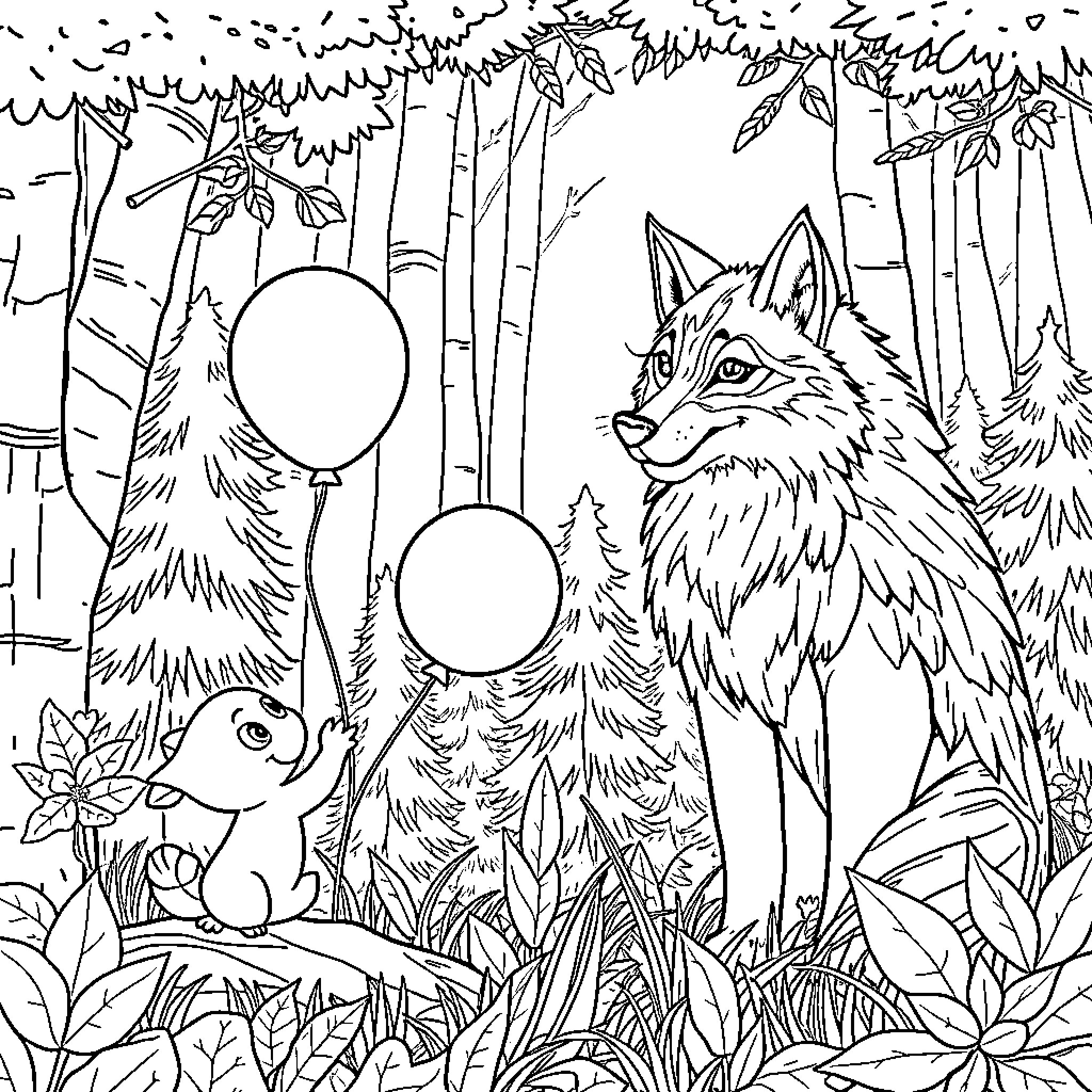 Little Red Riding Hood's Forest Friends Coloring Page (free black-and-white line drawing printable PDF for all, from beginners to advanced learners, including children, teens, adults, and seniors)