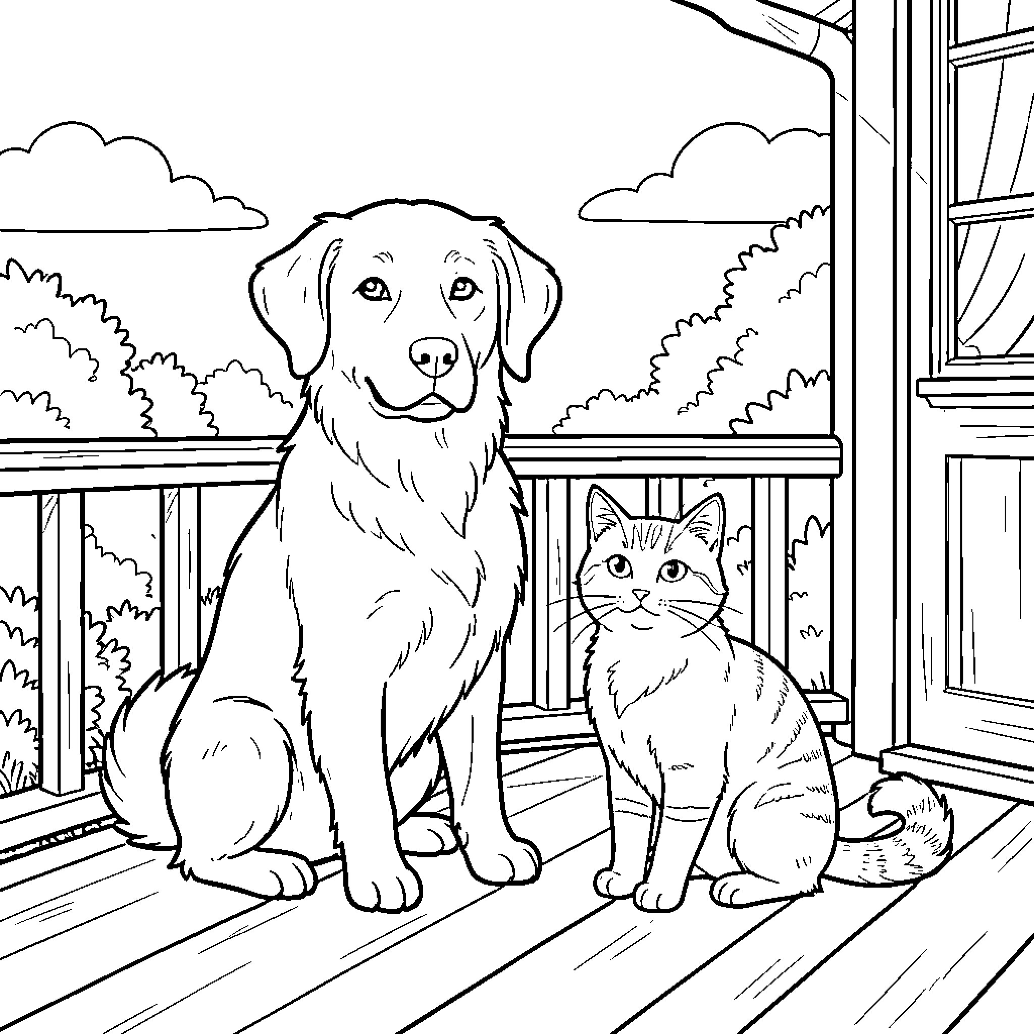 Dog and cat sitting together on a wooden porch Coloring Page (free black-and-white line drawing printable PDF for all, from beginners to advanced learners, including children, teens, adults, and seniors)