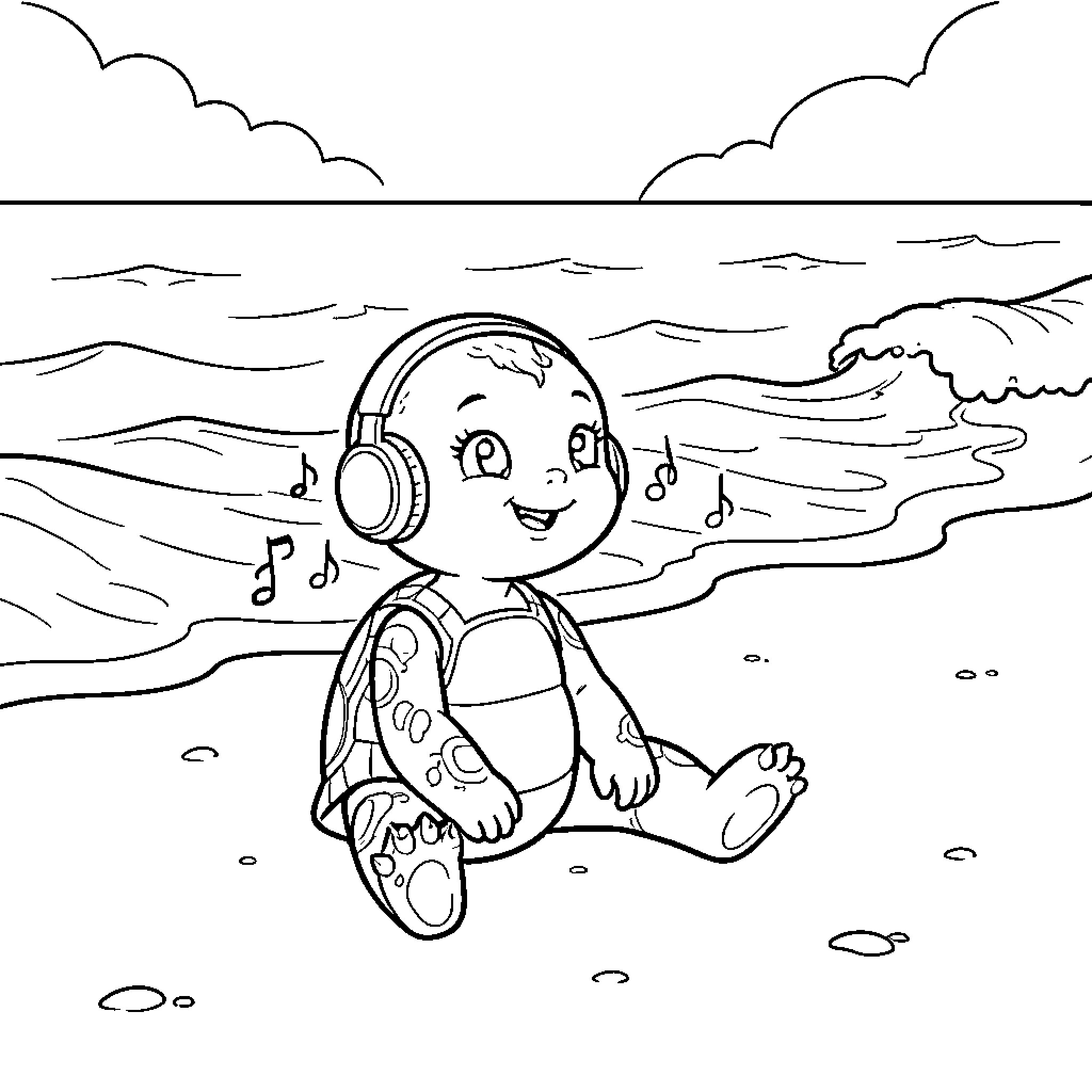 Turtle enjoying music by the beach Coloring Page (free black-and-white line drawing printable PDF for all, from beginners to advanced learners, including children, teens, adults, and seniors)