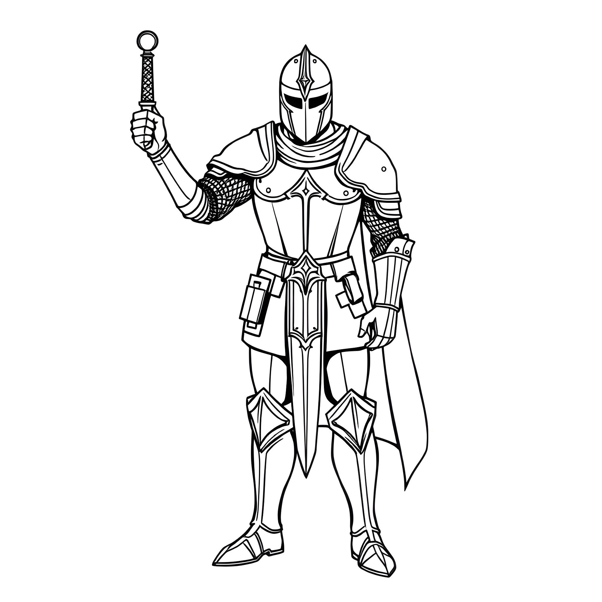 Knight wielding sword in battle-ready stance Coloring Page (free black-and-white line drawing printable PDF for all, from beginners to advanced learners, including children, teens, adults, and seniors)