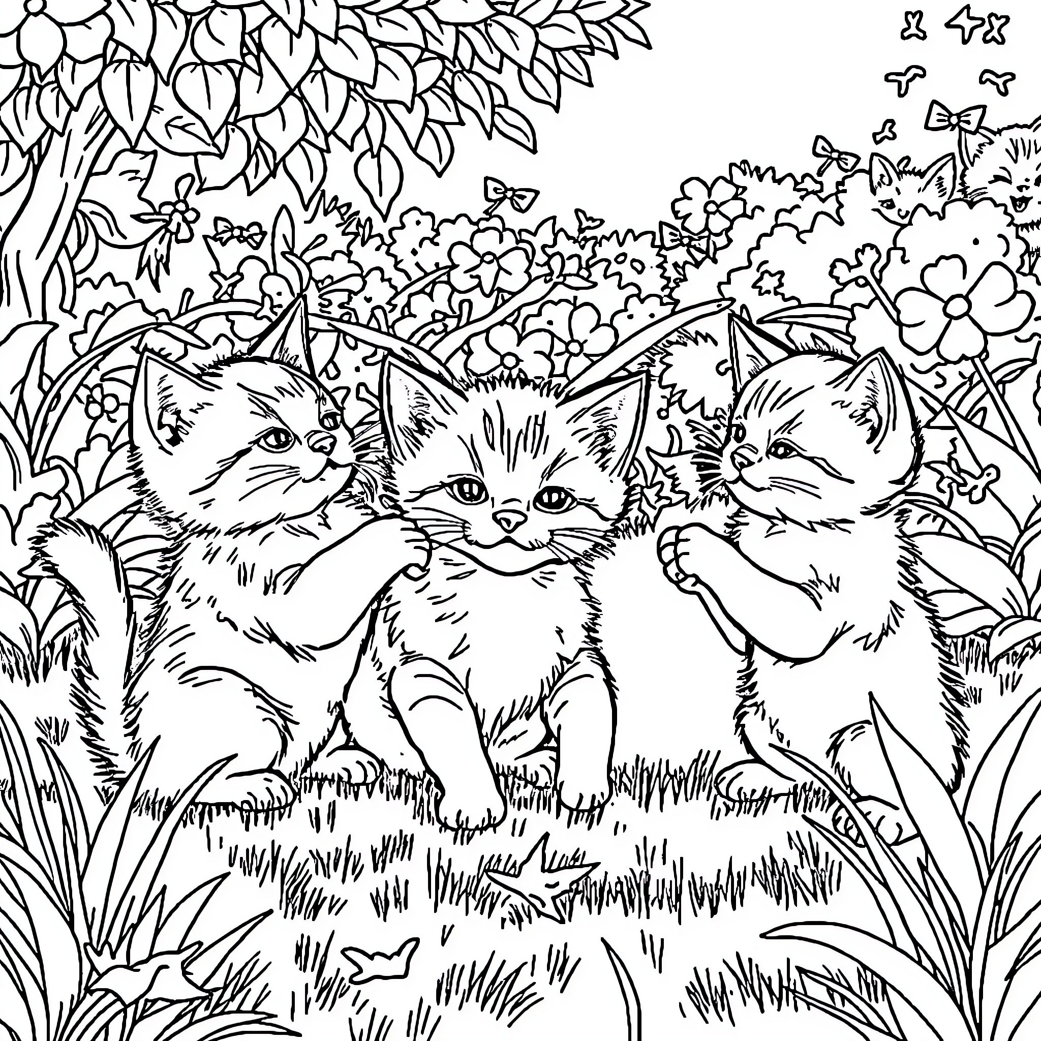 Cat Kittens Playing Joyfully in Nature Coloring Page (free black-and-white line drawing printable PDF for all, from beginners to advanced learners, including children, teens, adults, and seniors)