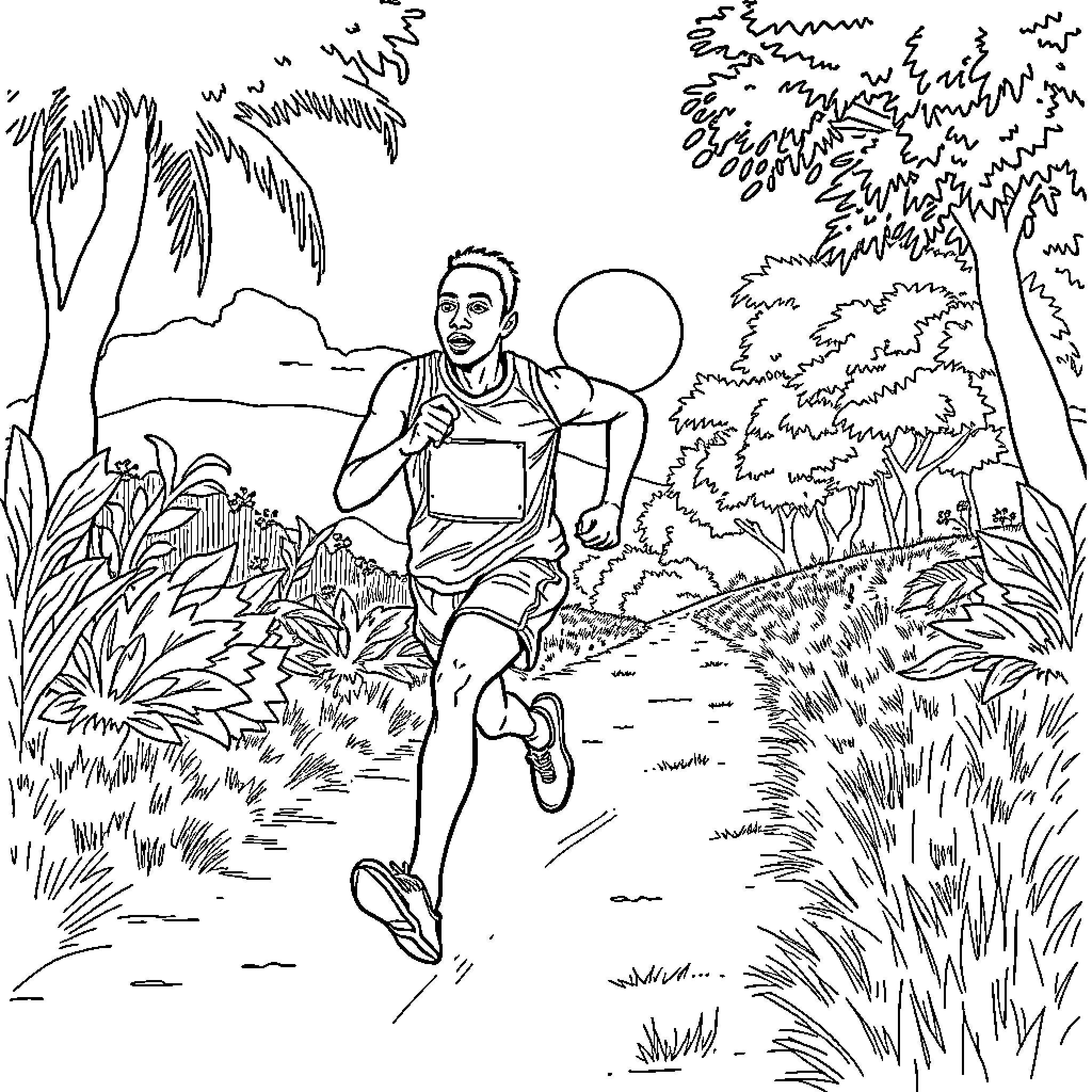 Paul Biya jogging through lush tropical landscape Coloring Page (free black-and-white line drawing printable PDF for all, from beginners to advanced learners, including children, teens, adults, and seniors)