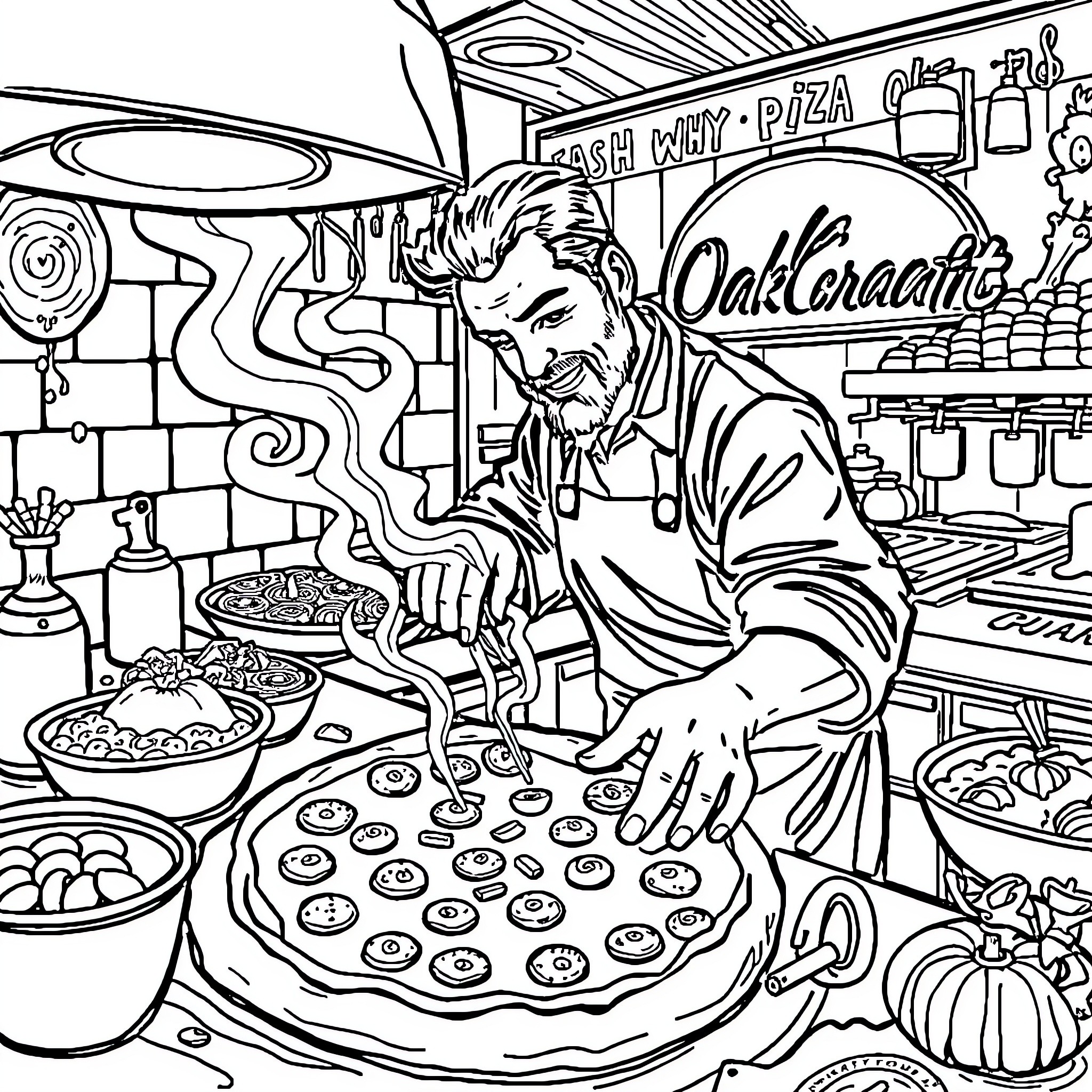 Man Preparing Delicious Pizza in a Cozy Shop Coloring Page (free black-and-white line drawing printable PDF for all, from beginners to advanced learners, including children, teens, adults, and seniors)