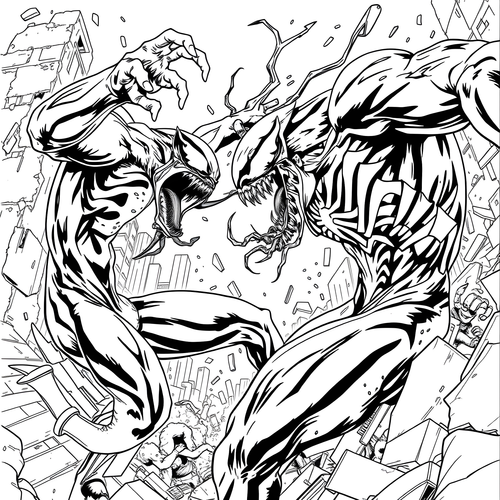 Venom in Destructive Transformation Coloring Page (free black-and-white line drawing printable PDF for all, from beginners to advanced learners, including children, teens, adults, and seniors)