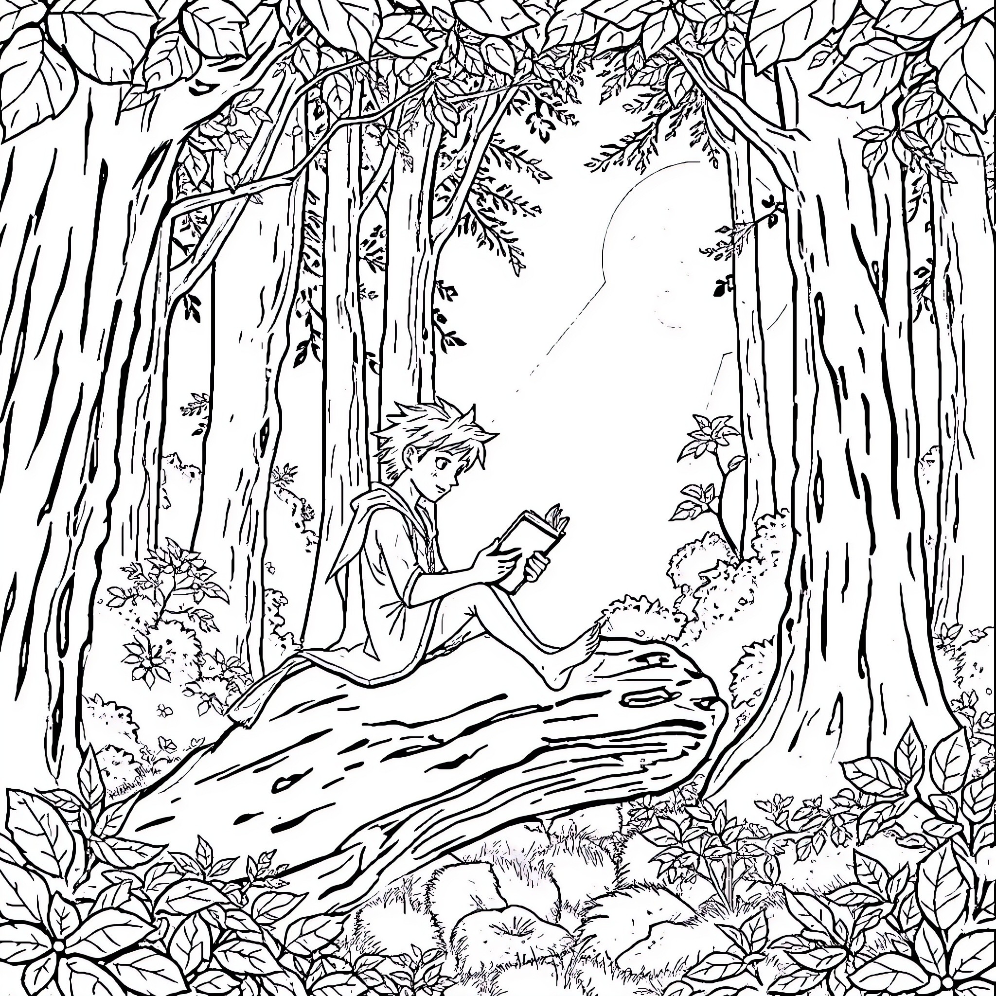 Alastor reading in a serene forest Coloring Page (free black-and-white line drawing printable PDF for all, from beginners to advanced learners, including children, teens, adults, and seniors)