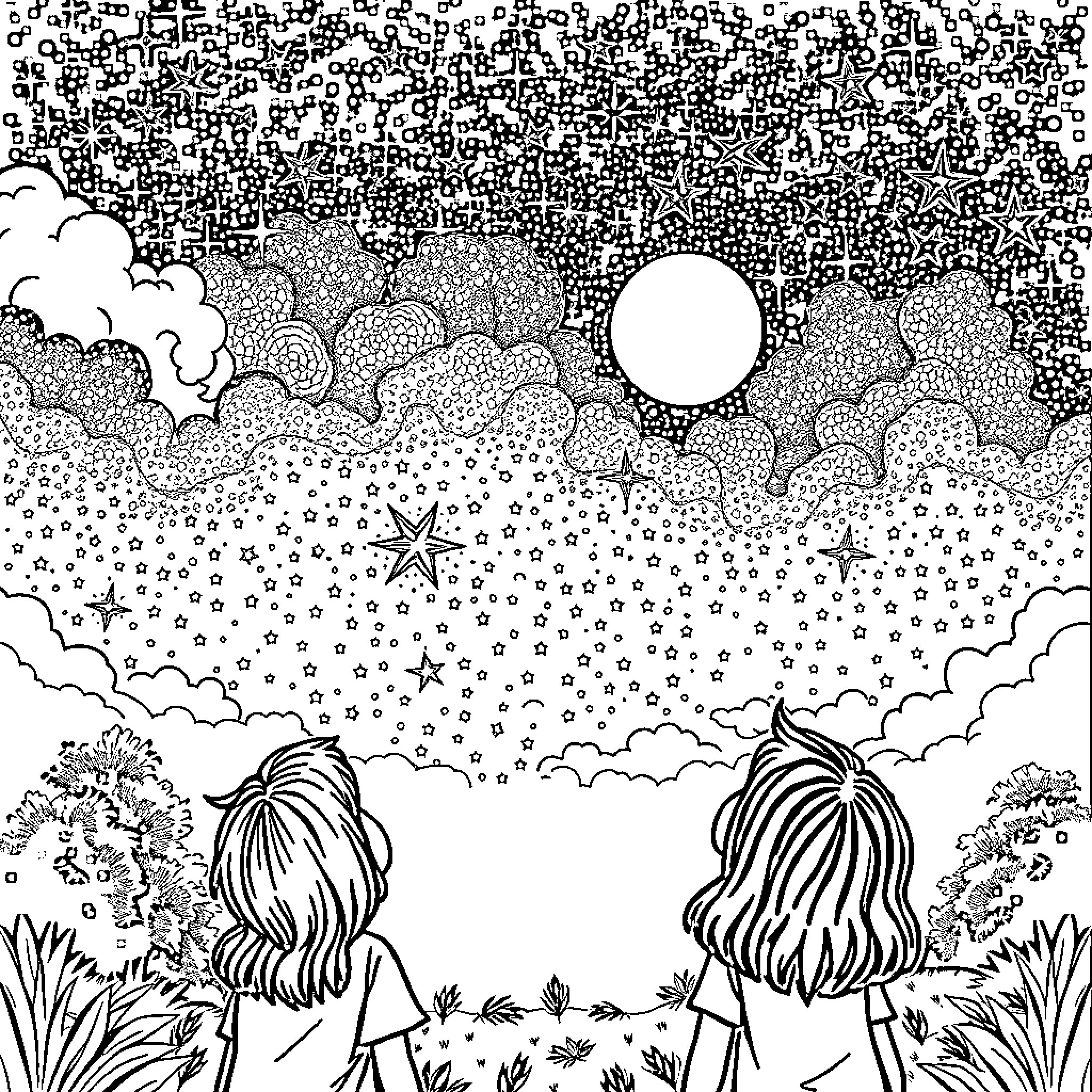 Night Sky Gazing with Friends Coloring Page (free black-and-white line drawing printable PDF for all, from beginners to advanced learners, including children, teens, adults, and seniors)