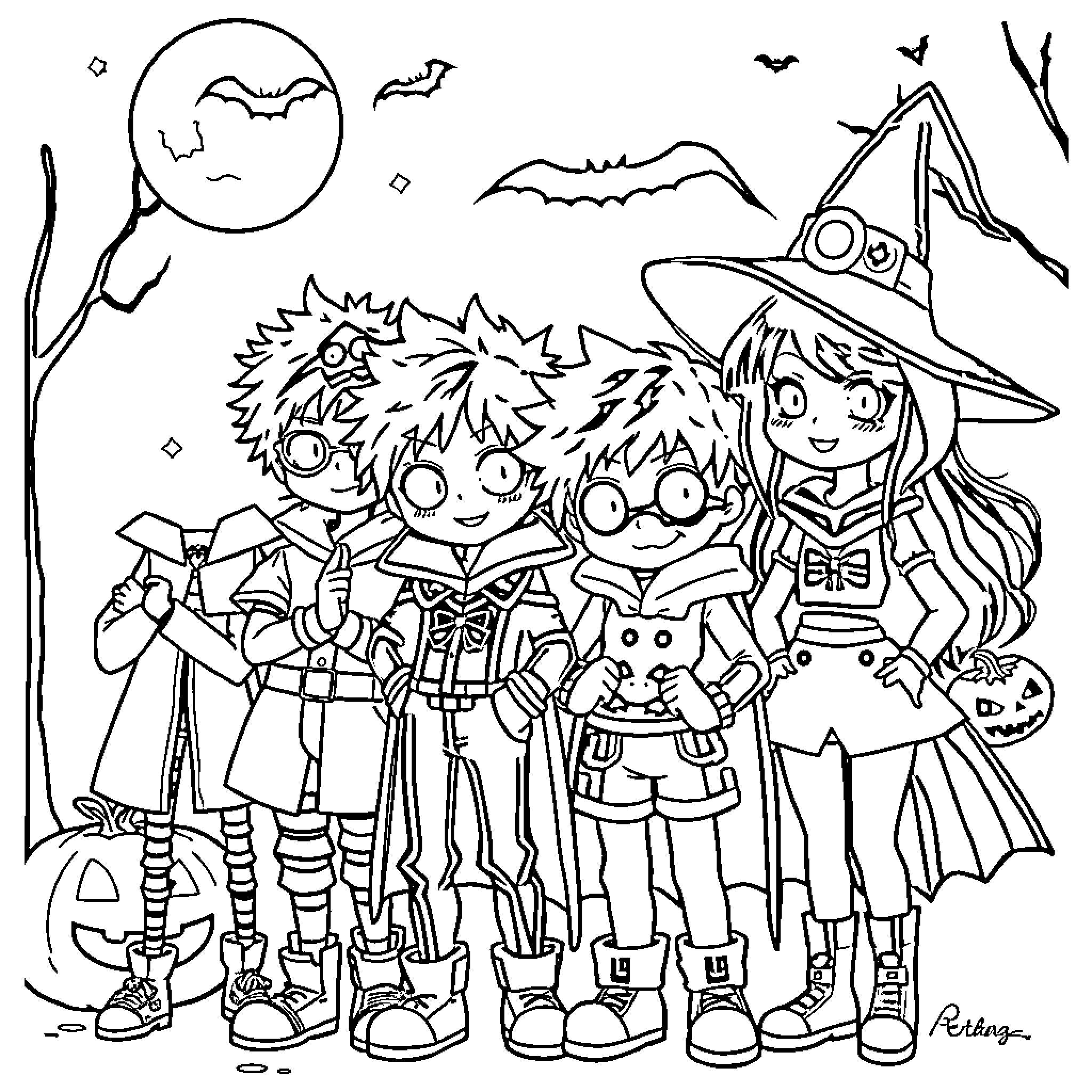 My Hero Academia: Halloween Costume Party Coloring Page (free black-and-white line drawing printable PDF for all, from beginners to advanced learners, including children, teens, adults, and seniors)