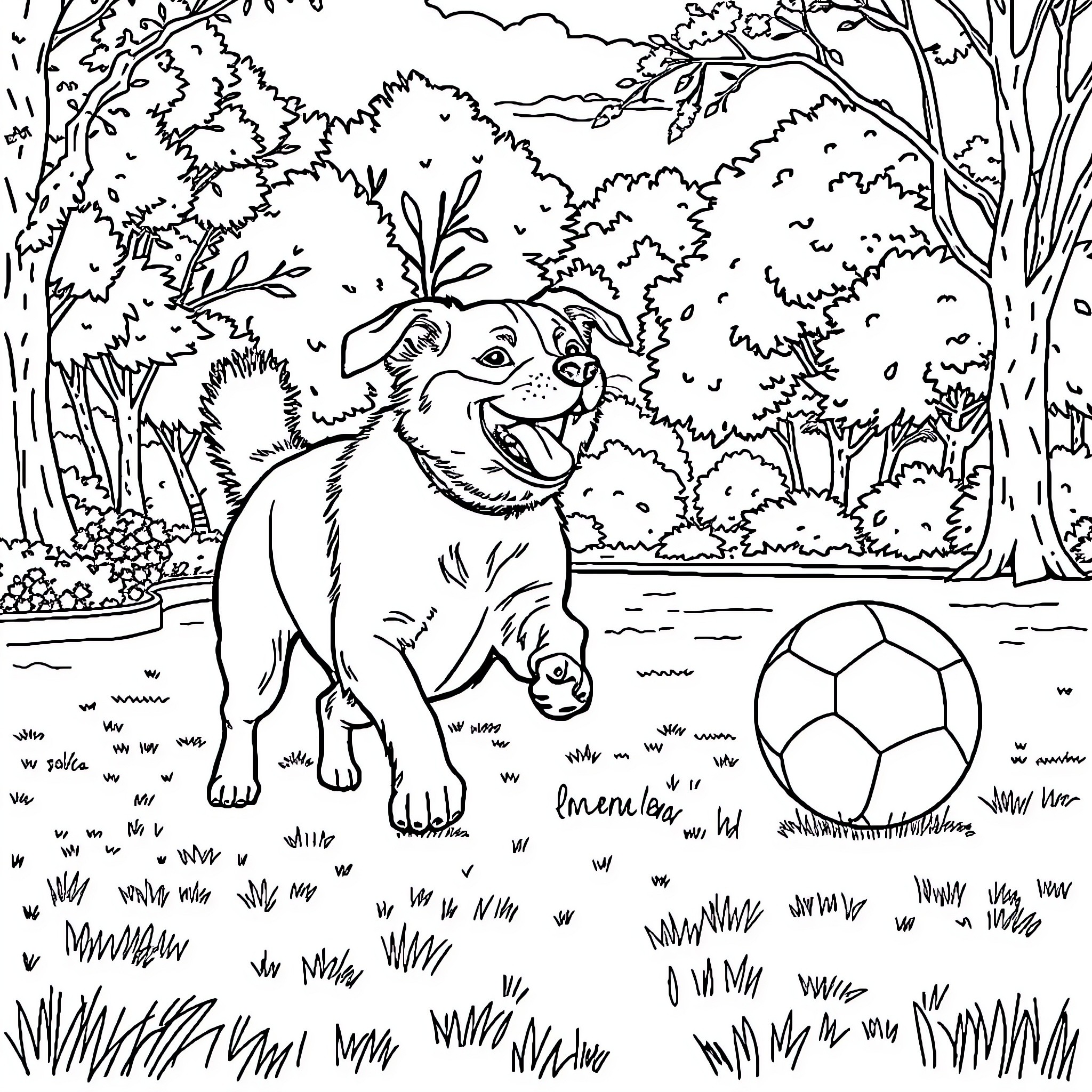 Dog playing joyfully with soccer ball in the forest Coloring Page (free black-and-white line drawing printable PDF for all, from beginners to advanced learners, including children, teens, adults, and seniors)