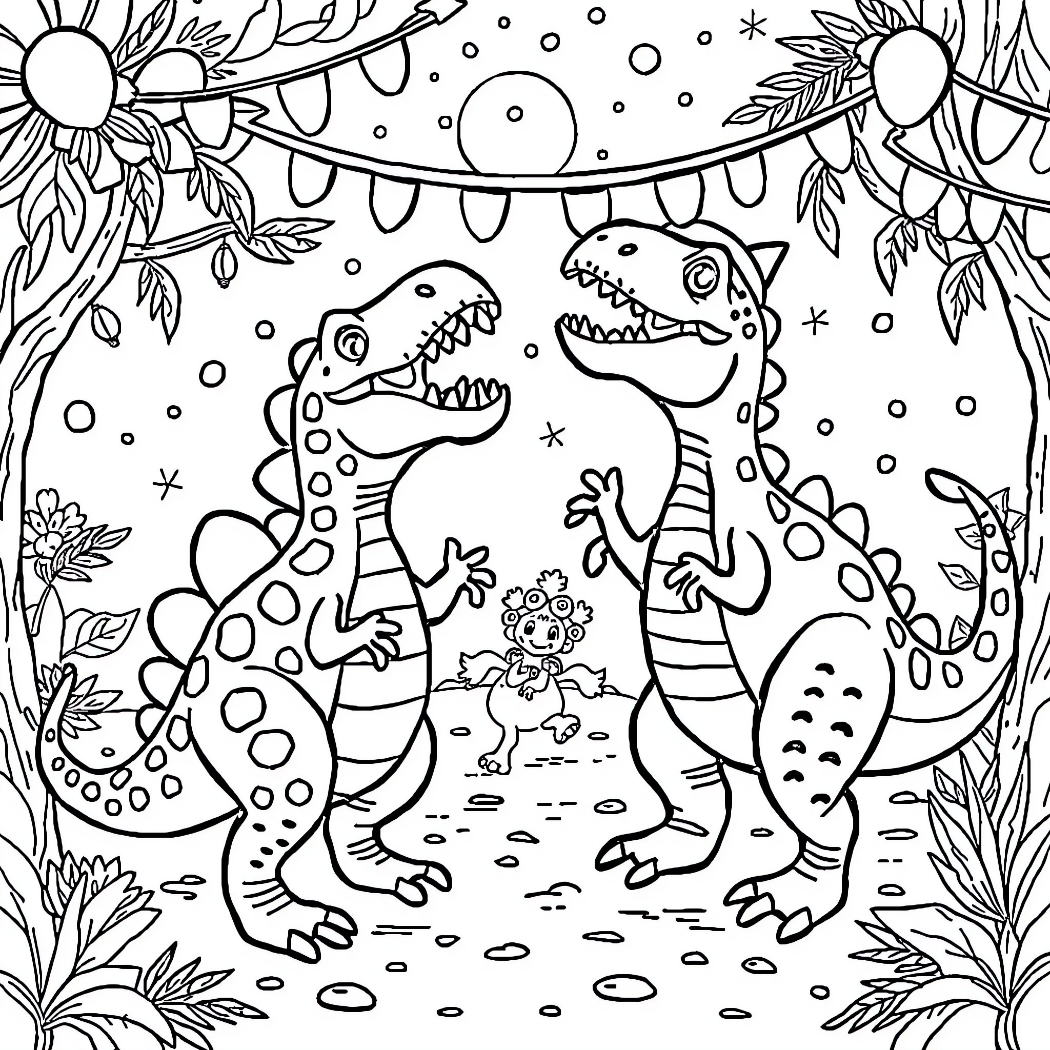 Dinosaur friends enjoying a playful day in nature Coloring Page (free black-and-white line drawing printable PDF for all, from beginners to advanced learners, including children, teens, adults, and seniors)
