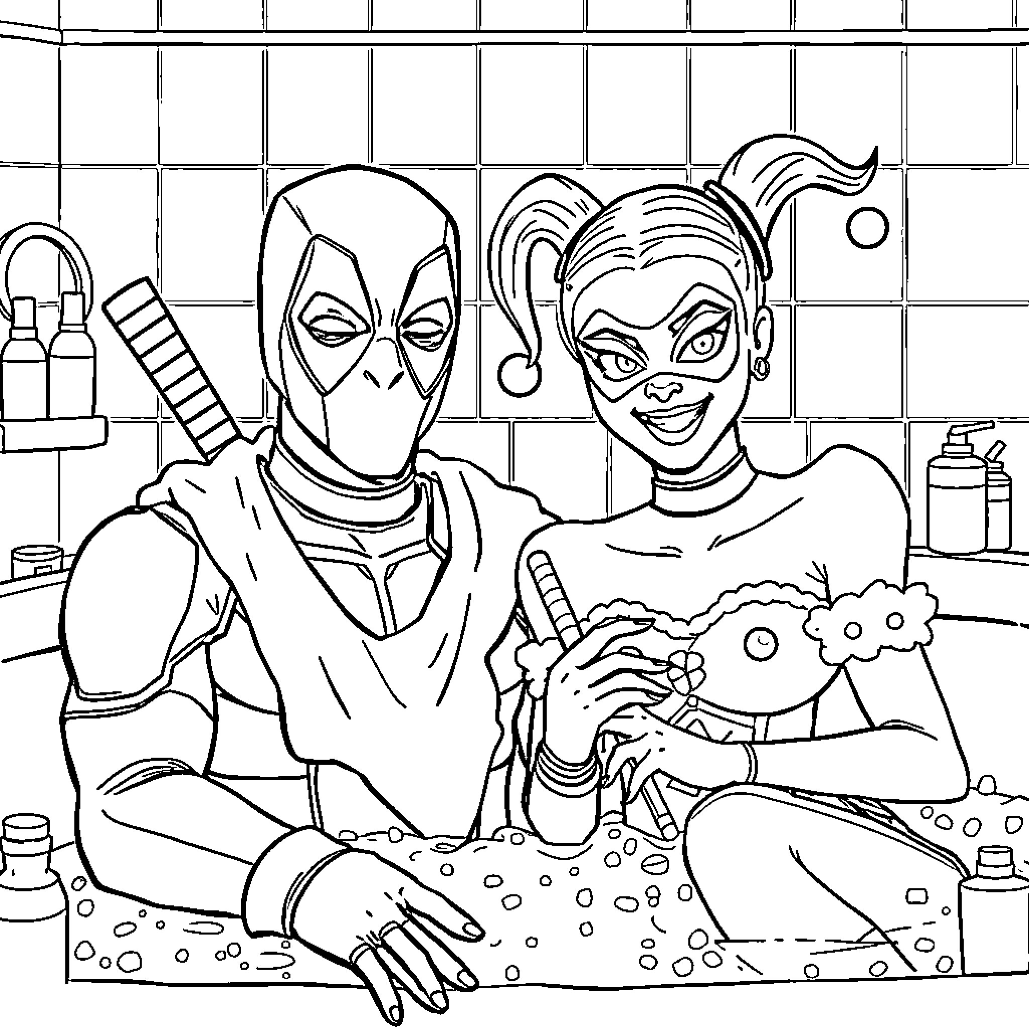 Deadpool and Harley Quinn in Mischievous Adventure Coloring Page (free black-and-white line drawing printable PDF for all, from beginners to advanced learners, including children, teens, adults, and seniors)