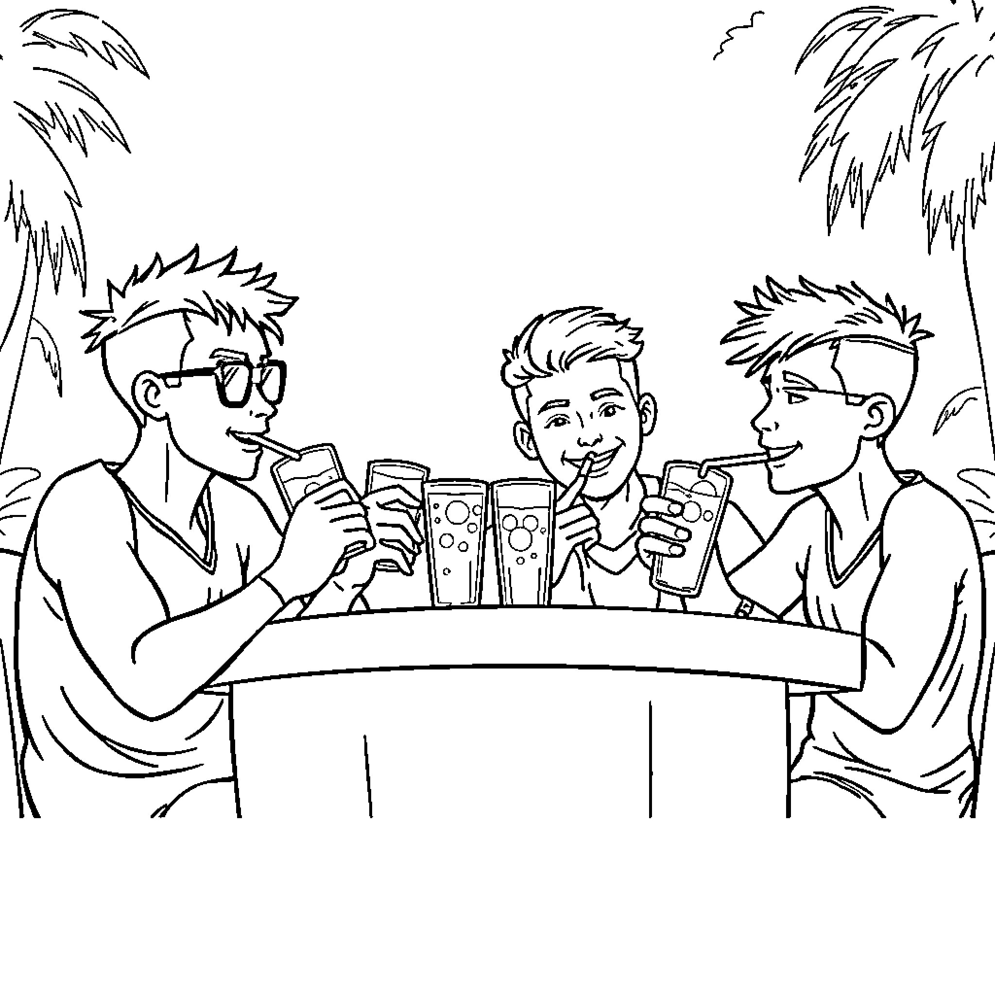Saja Boy friends drinking beer on beach Coloring Page (free black-and-white line drawing printable PDF for all, from beginners to advanced learners, including children, teens, adults, and seniors)