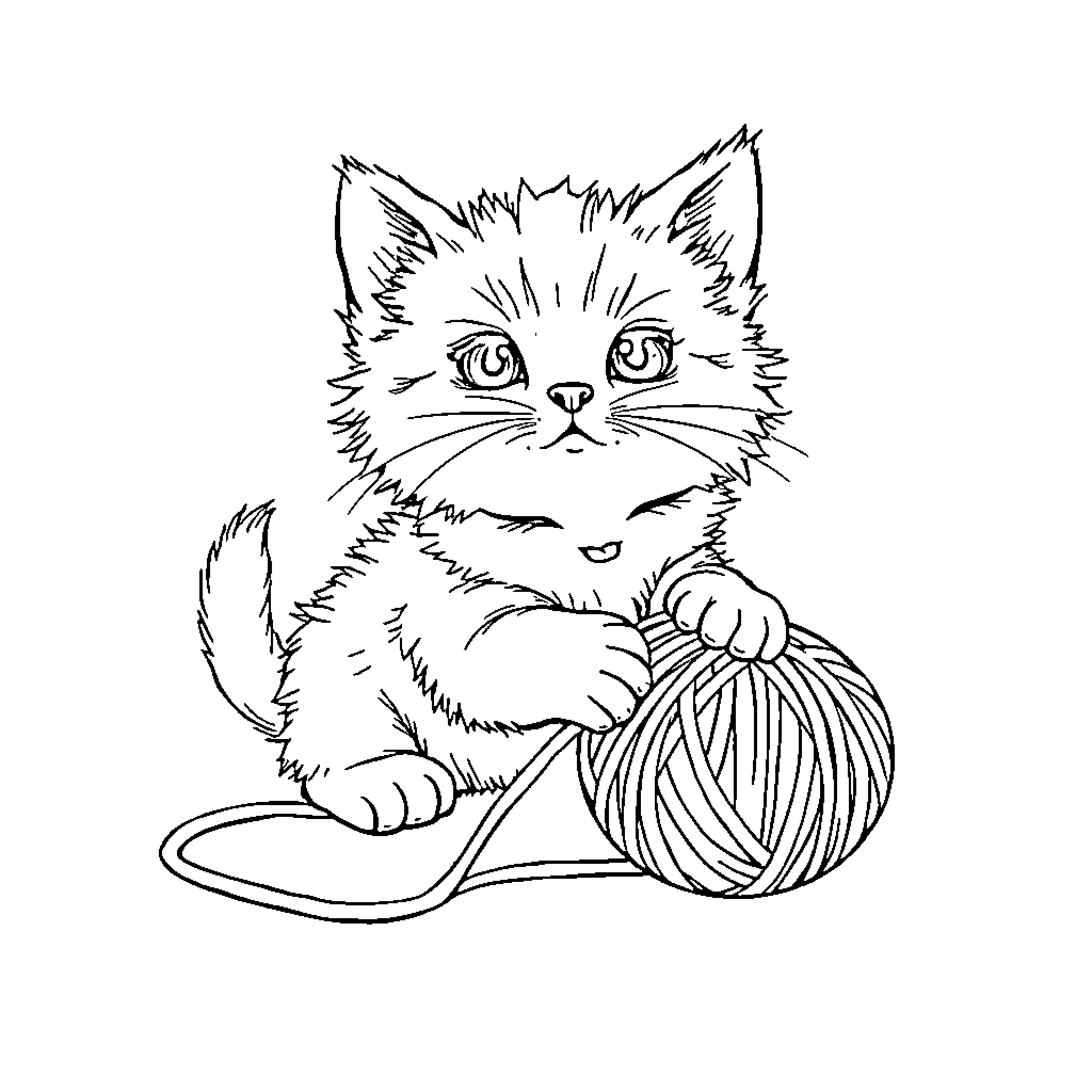 Cat playing with yarn ball Coloring Page (free black-and-white line drawing printable PDF for all, from beginners to advanced learners, including children, teens, adults, and seniors)
