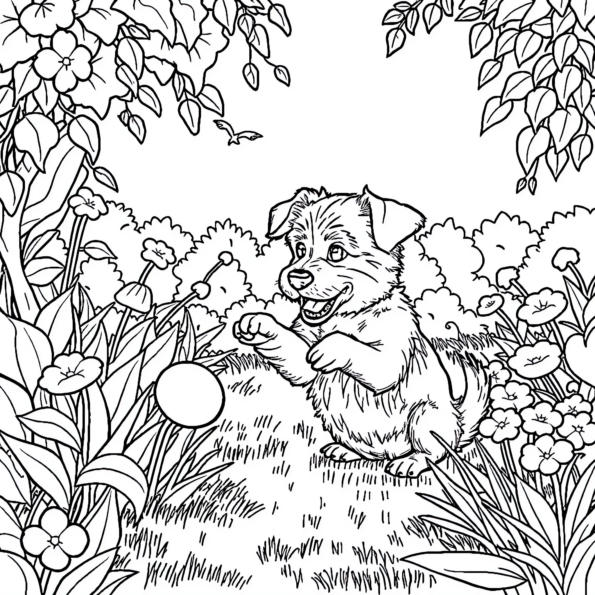 Dog playing joyfully in the garden Coloring Page (free black-and-white line drawing printable PDF for all, from beginners to advanced learners, including children, teens, adults, and seniors)