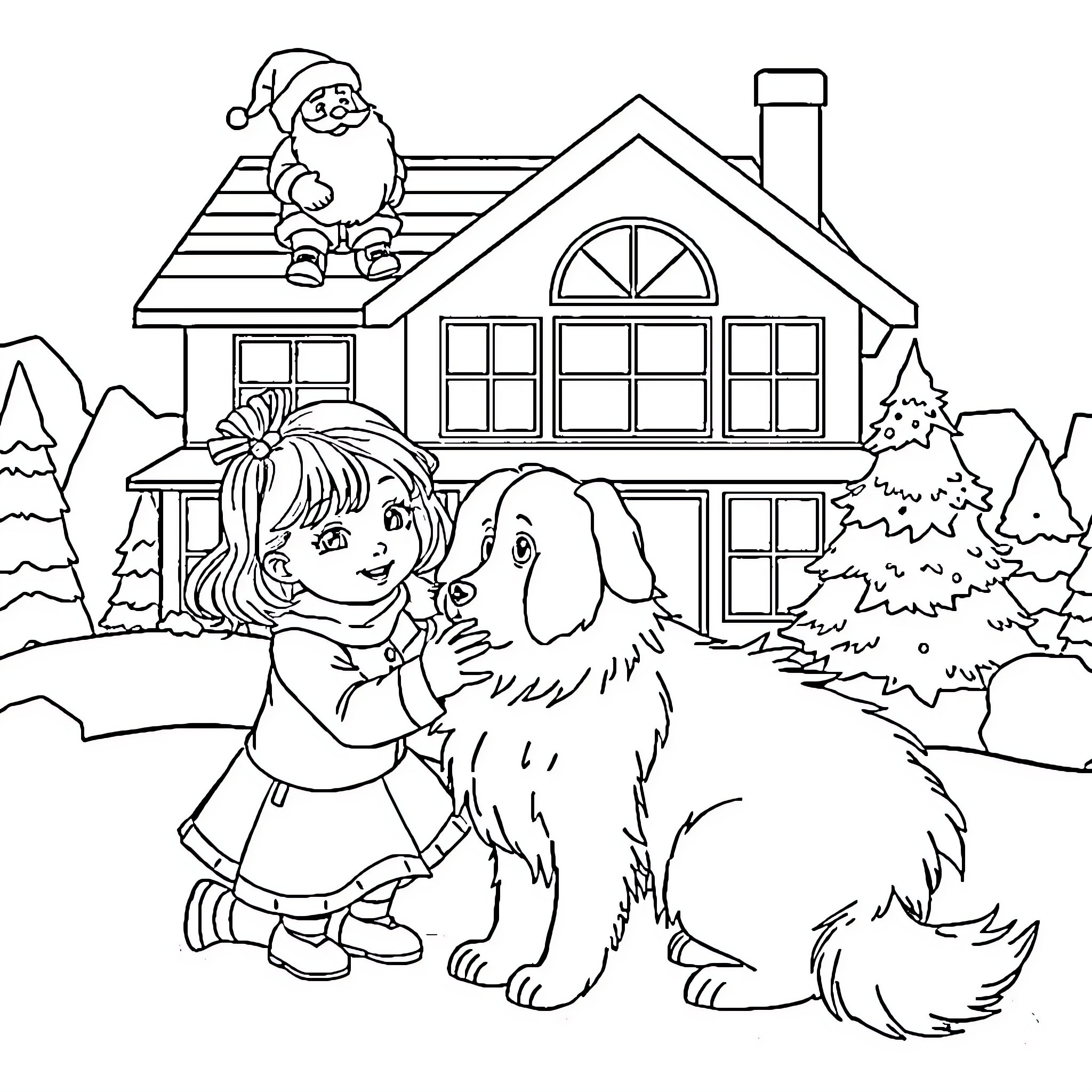 Girl playing with her pet dog in the snowy winter scene Coloring Page (free black-and-white line drawing printable PDF for all, from beginners to advanced learners, including children, teens, adults, and seniors)