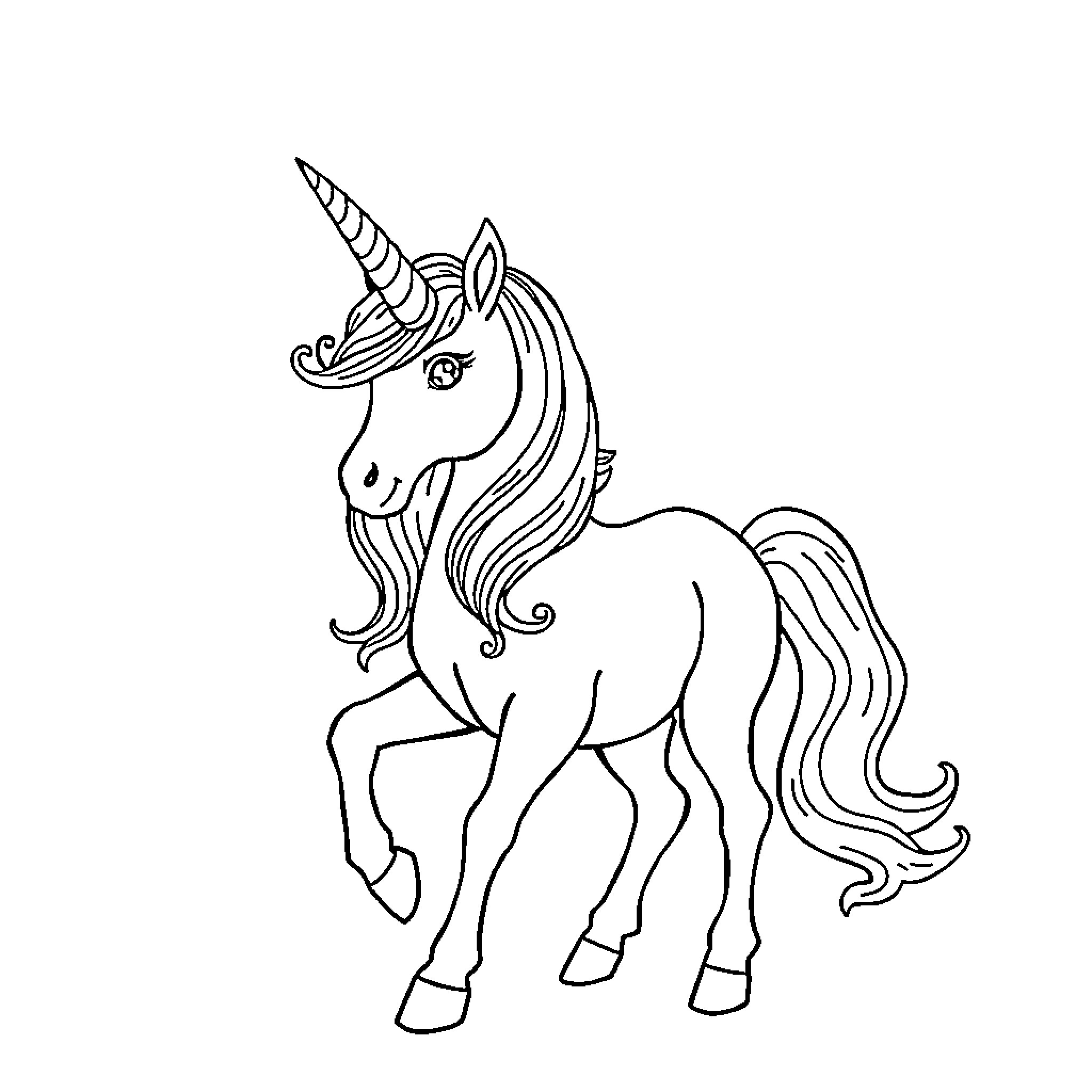 Unicorn with flowing mane and horn Coloring Page (free black-and-white line drawing printable PDF for all, from beginners to advanced learners, including children, teens, adults, and seniors)
