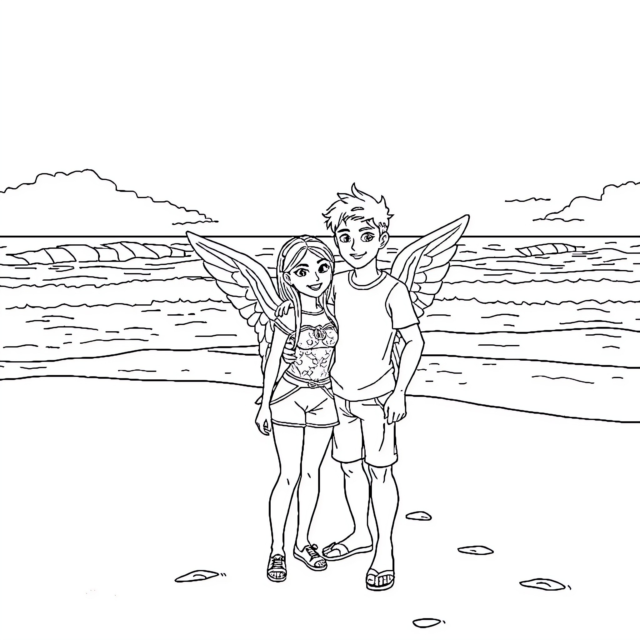 Violet and her friend enjoying a beach day Coloring Page (free black-and-white line drawing printable PDF for all, from beginners to advanced learners, including children, teens, adults, and seniors)