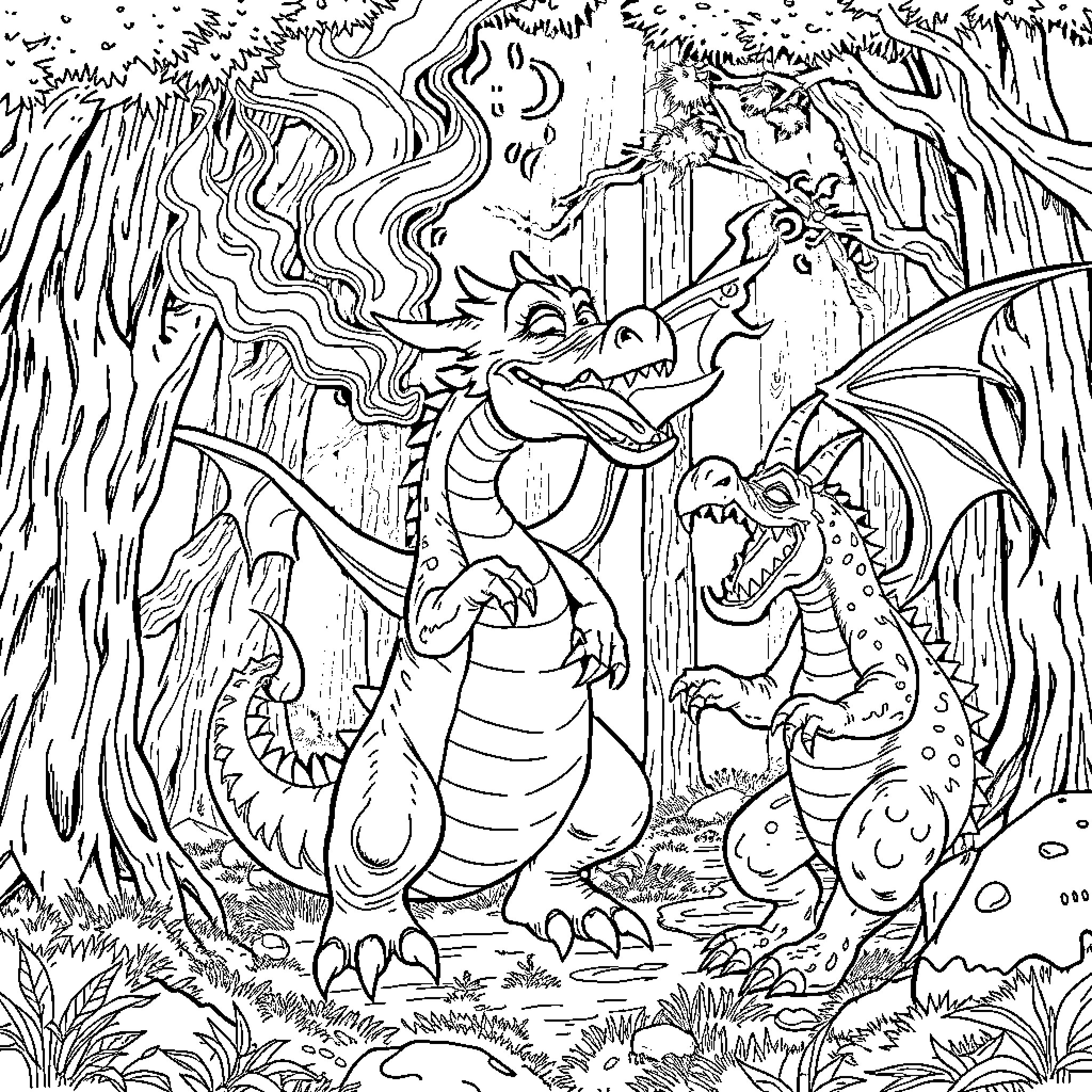 Dragon Family in the Enchanted Forest Coloring Page (free black-and-white line drawing printable PDF for all, from beginners to advanced learners, including children, teens, adults, and seniors)
