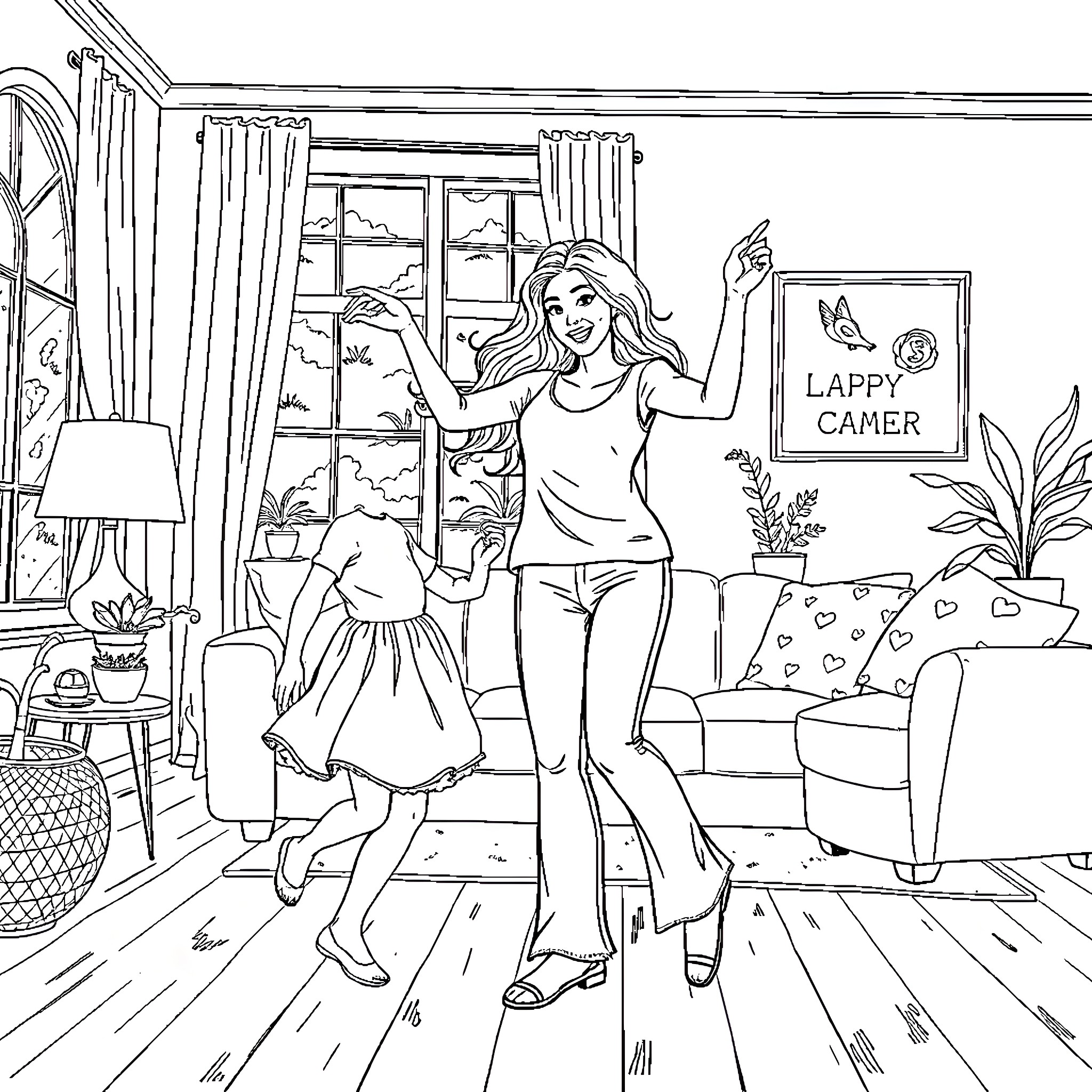 Mom and daughter dancing joyfully in the living room Coloring Page (free black-and-white line drawing printable PDF for all, from beginners to advanced learners, including children, teens, adults, and seniors)
