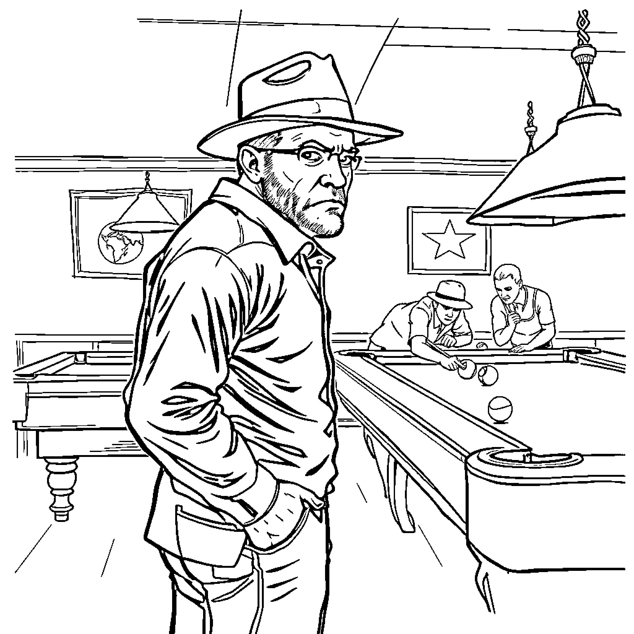 Man in hat and coat at the bar Coloring Page (free black-and-white line drawing printable PDF for all, from beginners to advanced learners, including children, teens, adults, and seniors)