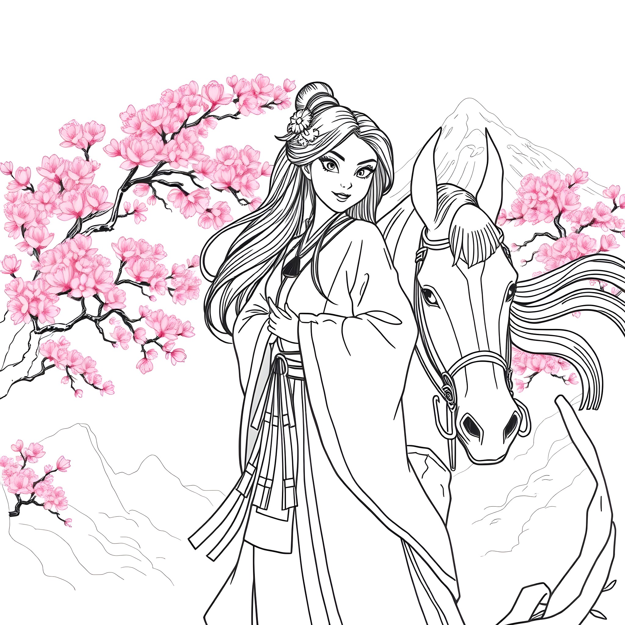 Mulan in traditional attire riding a horse amidst cherry blossoms Coloring Page (free black-and-white line drawing printable PDF for all, from beginners to advanced learners, including children, teens, adults, and seniors)