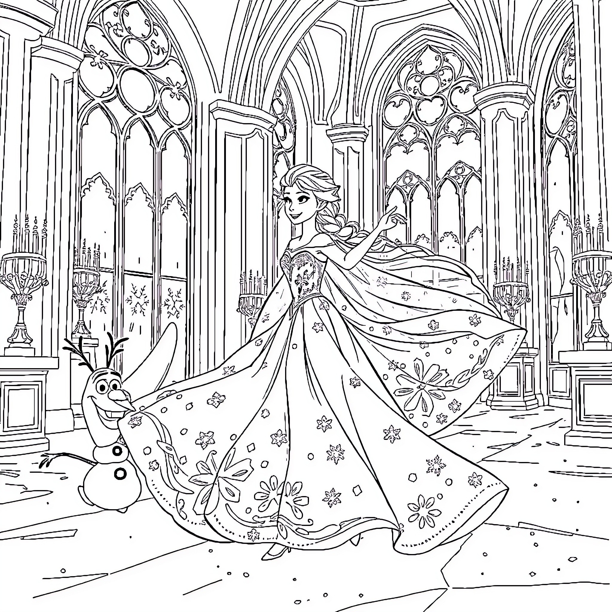 Elsa in the Snow Queen's Enchanted Castle Coloring Page (free black-and-white line drawing printable PDF for all, from beginners to advanced learners, including children, teens, adults, and seniors)