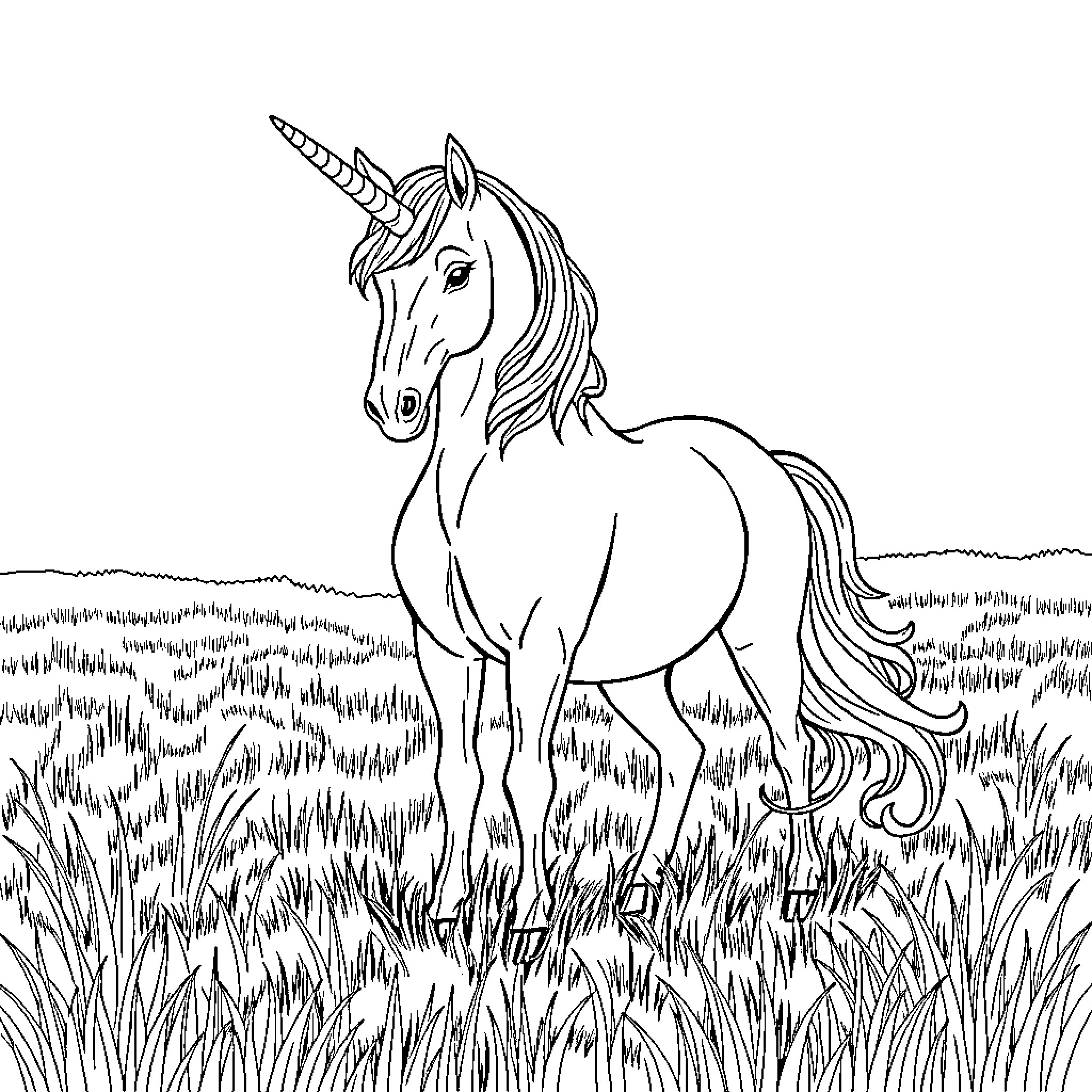 Unicorn Standing Proudly in Grassy Meadow Coloring Page (free black-and-white line drawing printable PDF for all, from beginners to advanced learners, including children, teens, adults, and seniors)