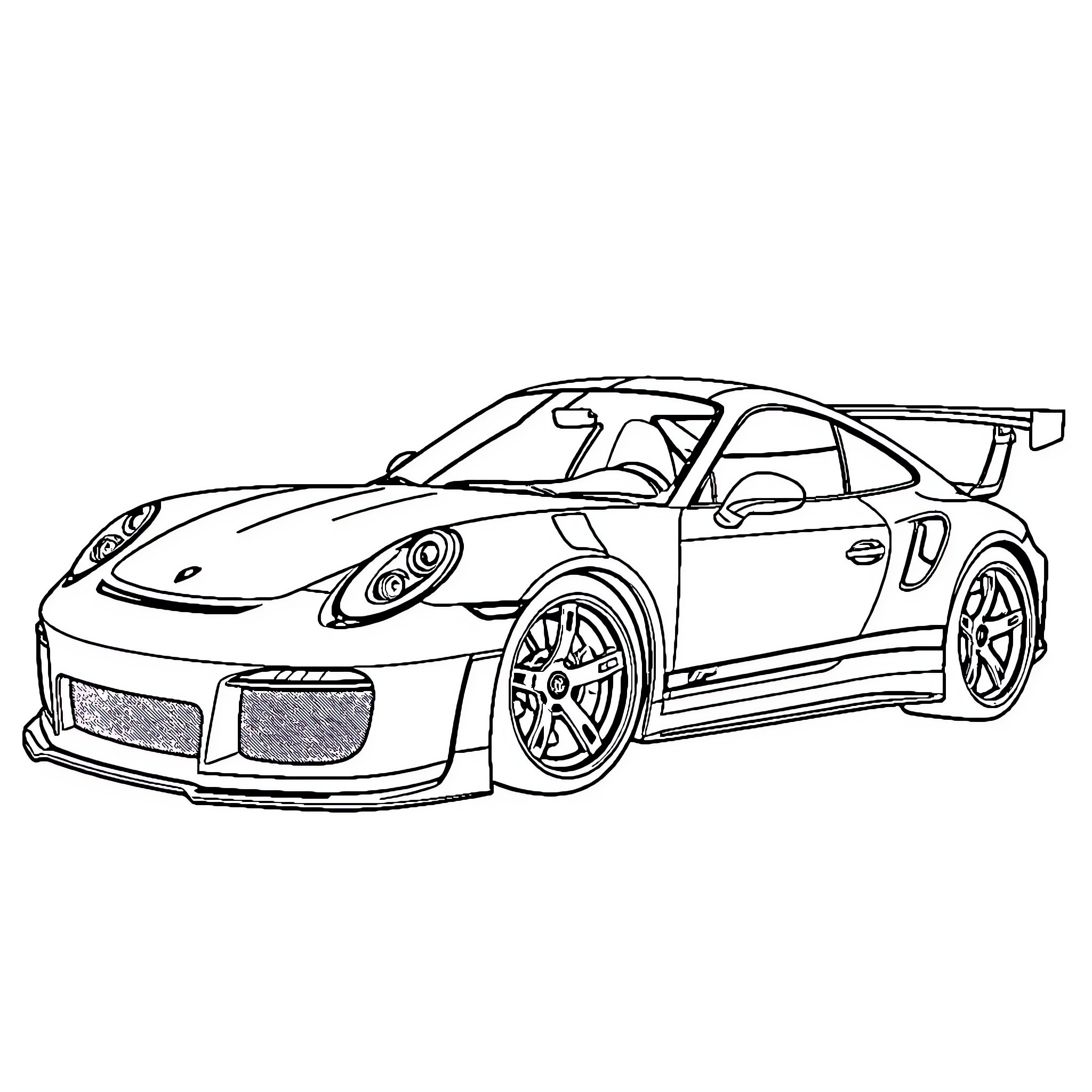 Porsche sports car with racing modifications Coloring Page (free black-and-white line drawing printable PDF for all, from beginners to advanced learners, including children, teens, adults, and seniors)