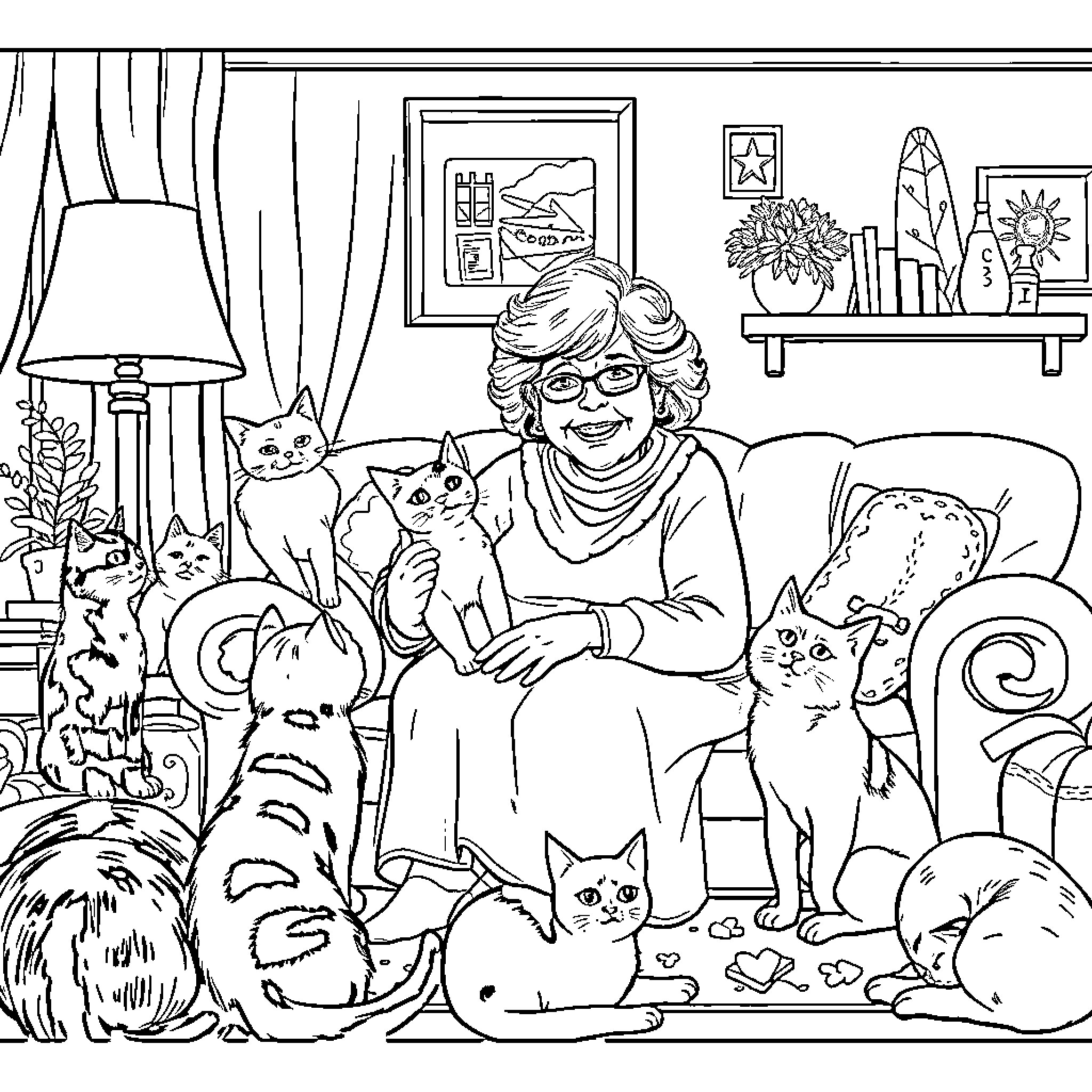 Cat Lady and Her Feline Companions Coloring Page (free black-and-white line drawing printable PDF for all, from beginners to advanced learners, including children, teens, adults, and seniors)