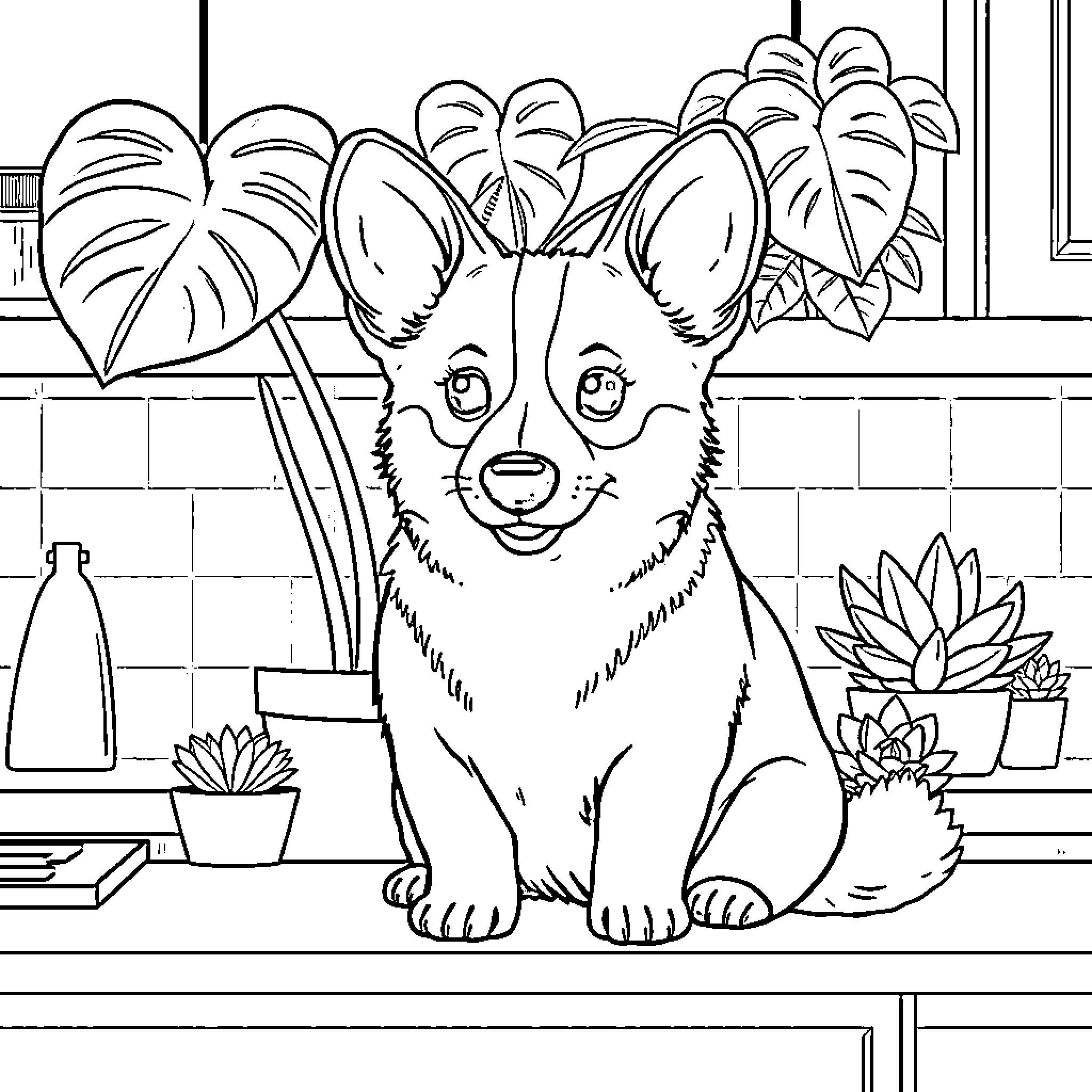 Corgi Enjoying a Cozy Home with Houseplants Coloring Page (free black-and-white line drawing printable PDF for all, from beginners to advanced learners, including children, teens, adults, and seniors)