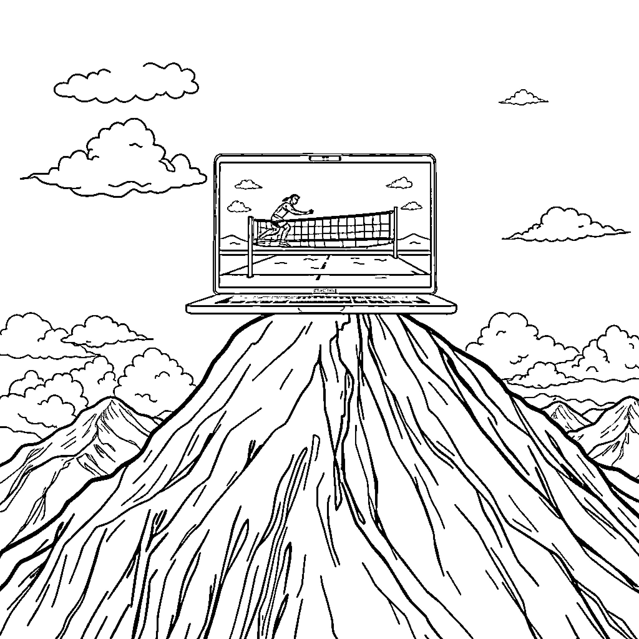 Laptop on the Edge of a Mountainous Landscape Coloring Page (free black-and-white line drawing printable PDF for all, from beginners to advanced learners, including children, teens, adults, and seniors)