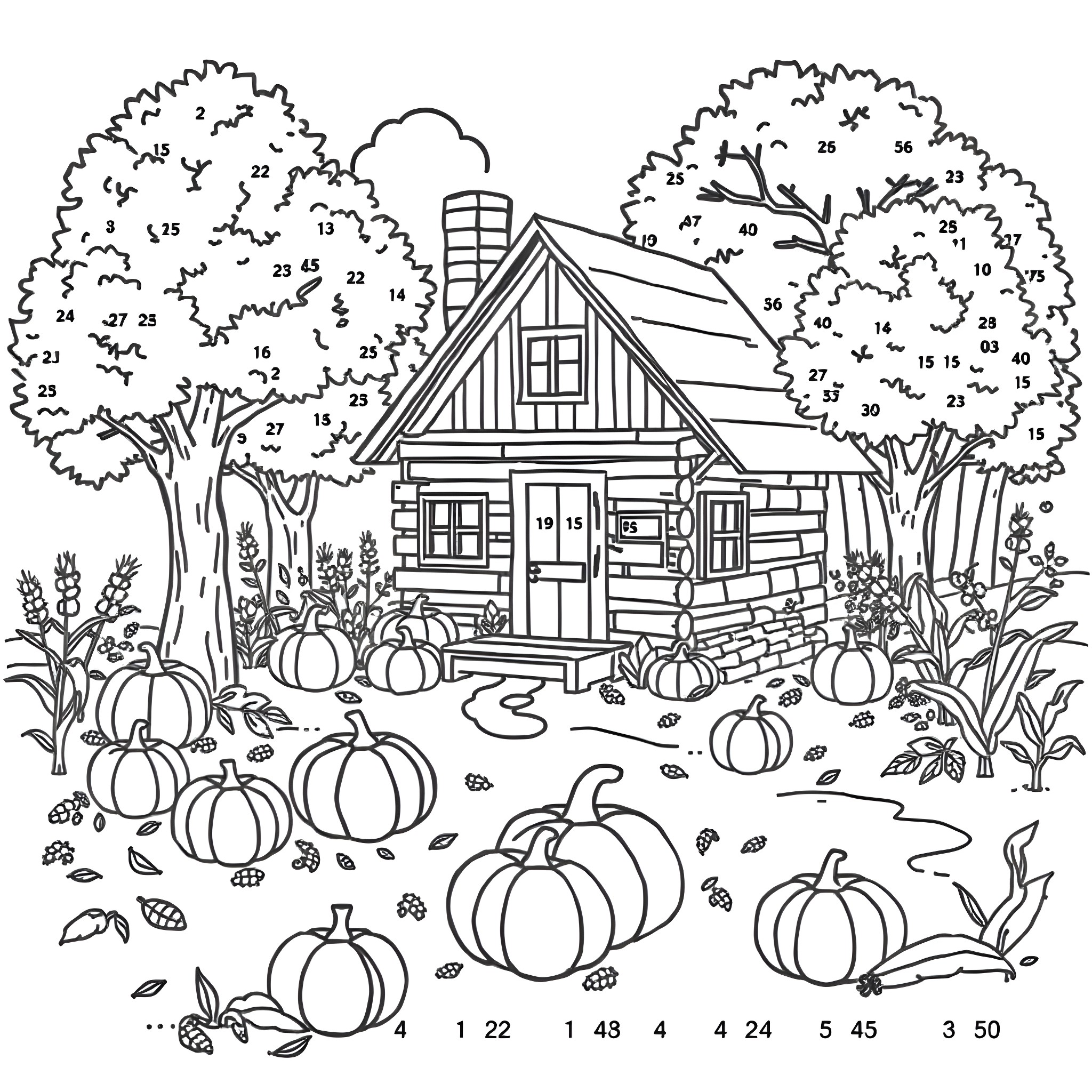 Cabin in the Autumn Landscape with Pumpkins Coloring Page (free black-and-white line drawing printable PDF for all, from beginners to advanced learners, including children, teens, adults, and seniors)