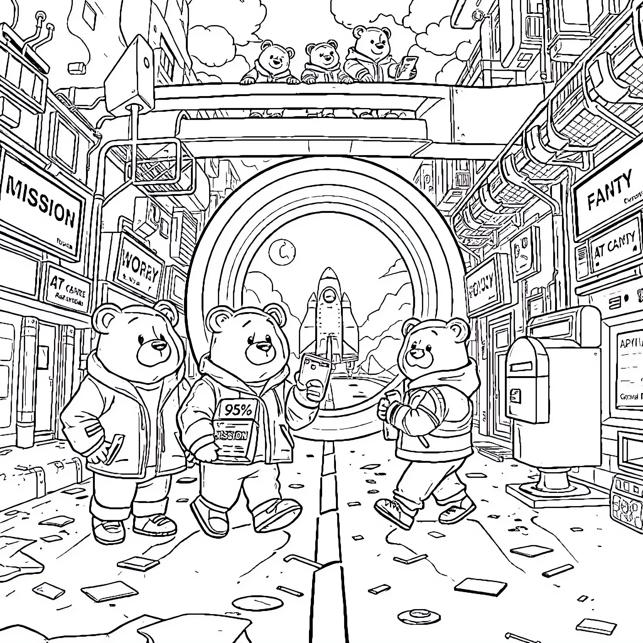Bear Astronauts Explore Futuristic Space Station Coloring Page (free black-and-white line drawing printable PDF for all, from beginners to advanced learners, including children, teens, adults, and seniors)