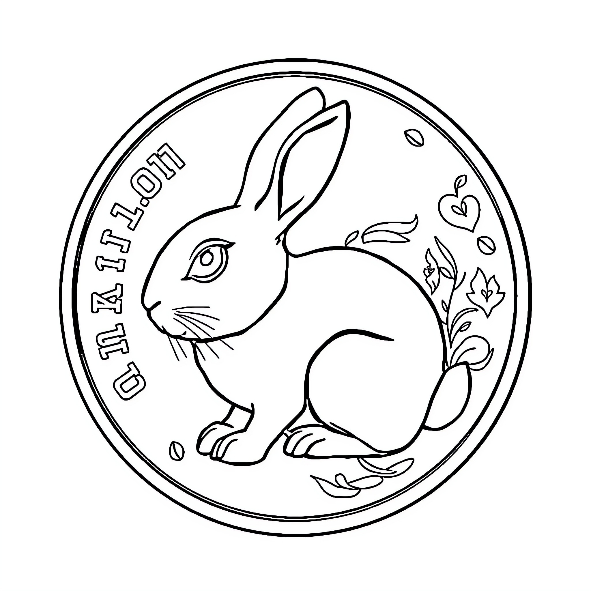 Rabbit with floral elements in circular frame Coloring Page (free black-and-white line drawing printable PDF for all, from beginners to advanced learners, including children, teens, adults, and seniors)