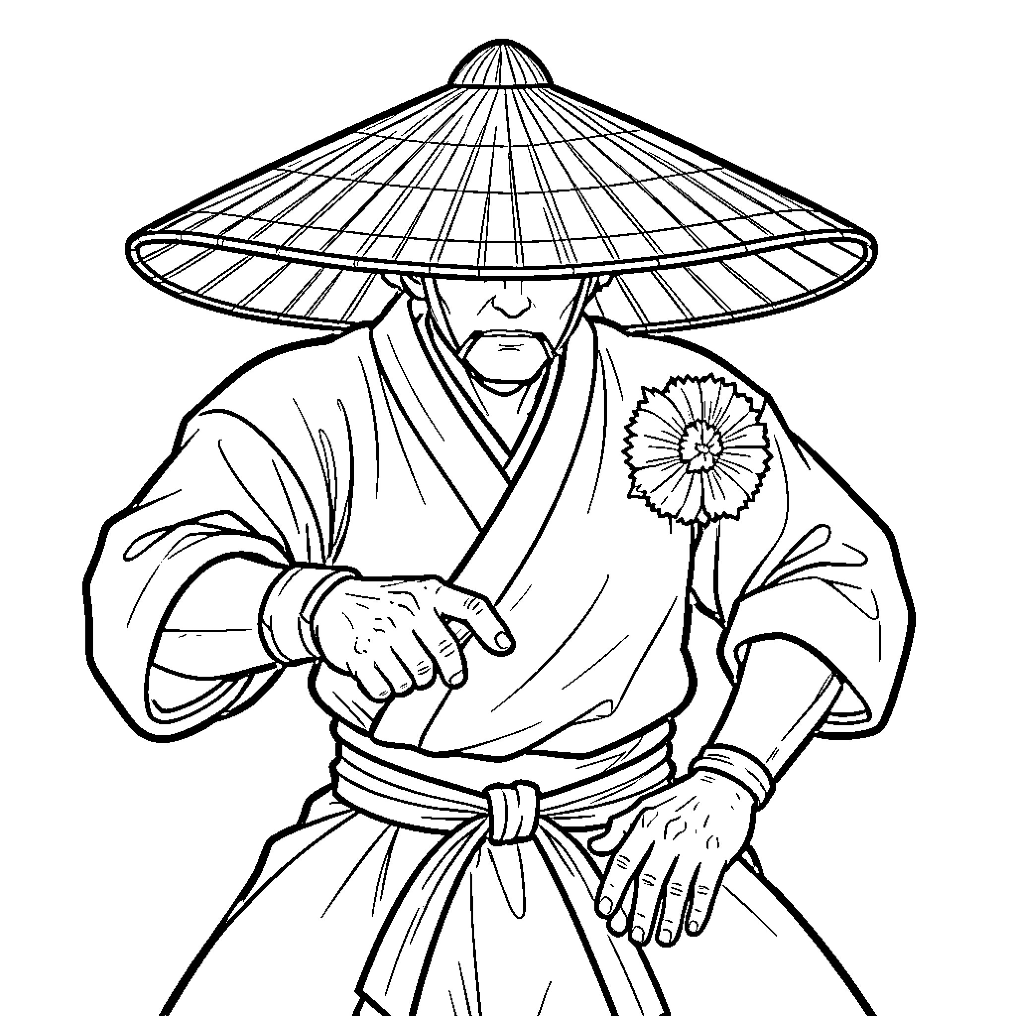 Samurai wearing a conical hat in a fighting stance Coloring Page (free black-and-white line drawing printable PDF for all, from beginners to advanced learners, including children, teens, adults, and seniors)