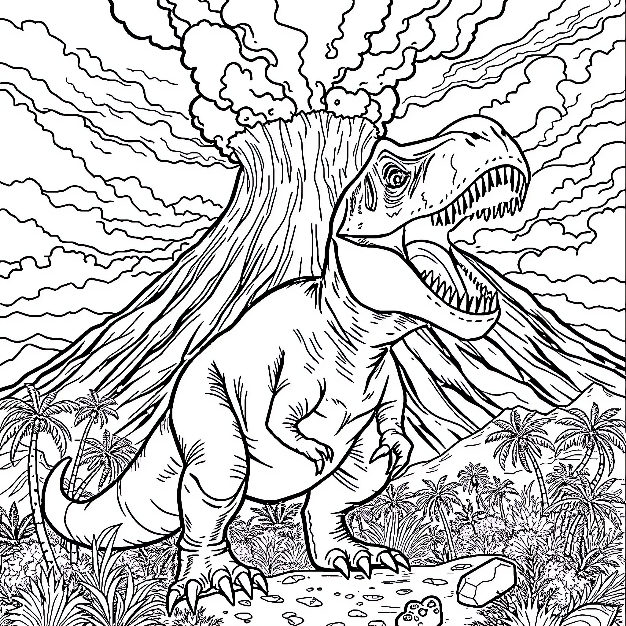 T-Rex Erupting in Prehistoric Landscape Coloring Page (free black-and-white line drawing printable PDF for all, from beginners to advanced learners, including children, teens, adults, and seniors)