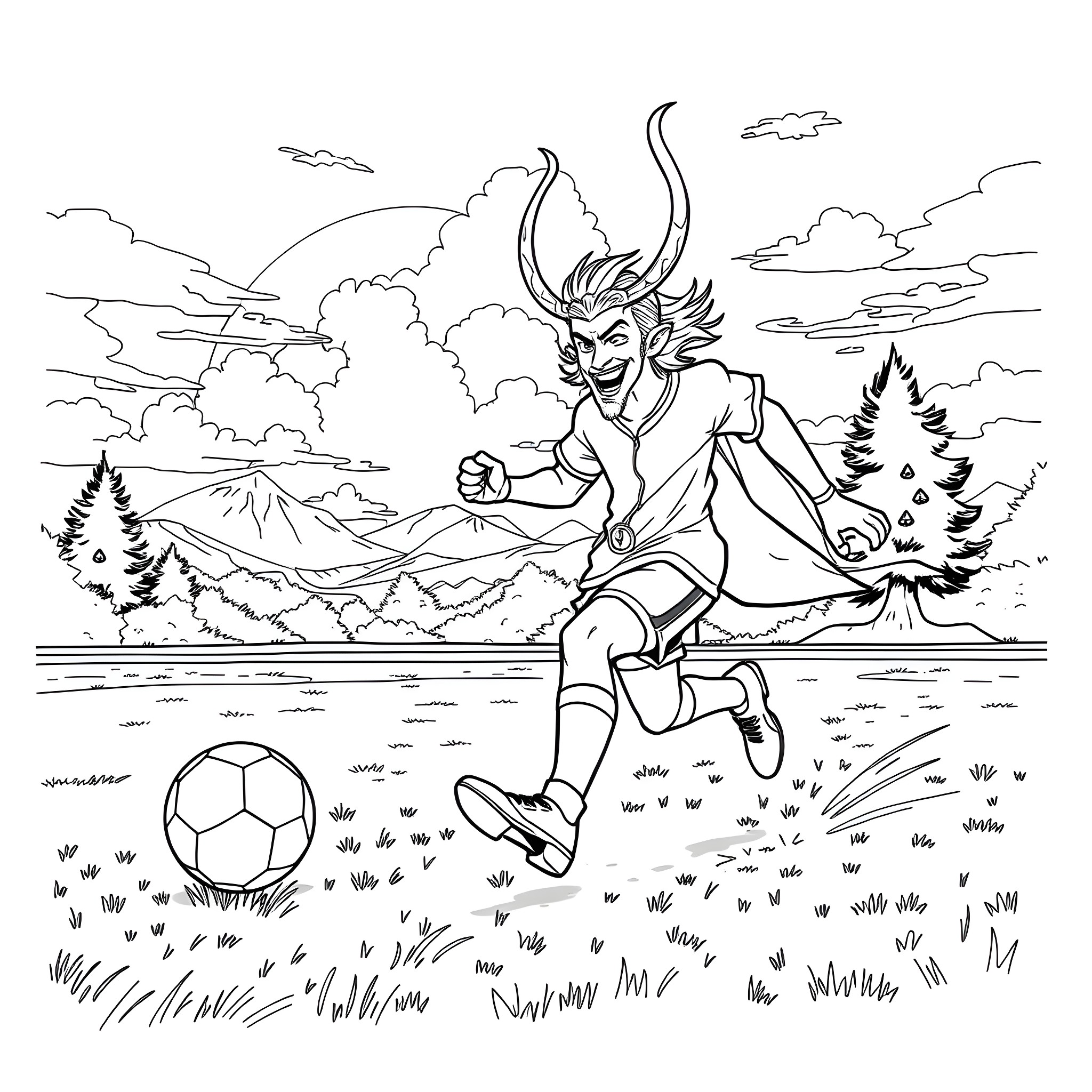 Loki playing soccer in the enchanted forest Coloring Page (free black-and-white line drawing printable PDF for all, from beginners to advanced learners, including children, teens, adults, and seniors)