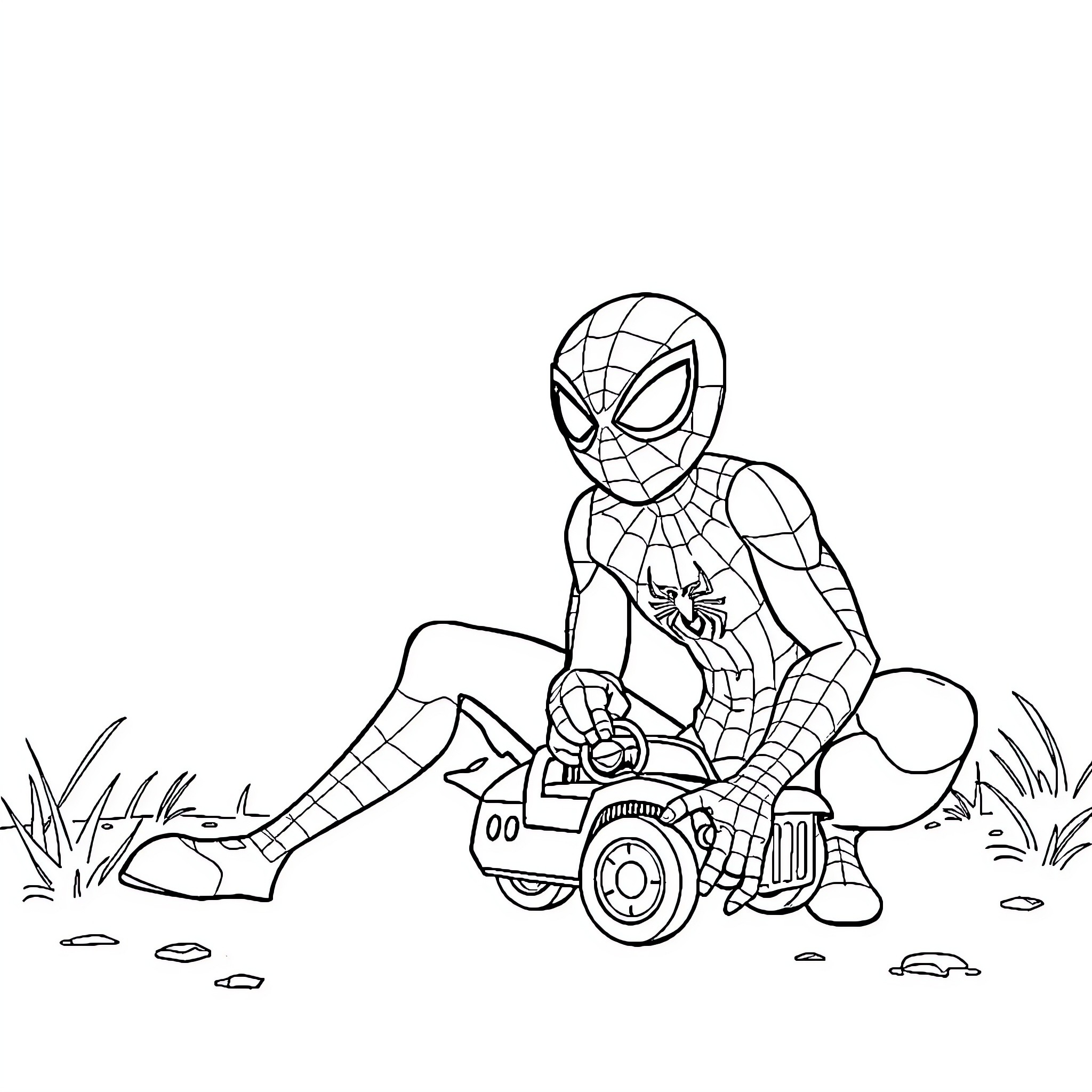 Spiderman riding toy four-wheeler vehicle Coloring Page (free black-and-white line drawing printable PDF for all, from beginners to advanced learners, including children, teens, adults, and seniors)