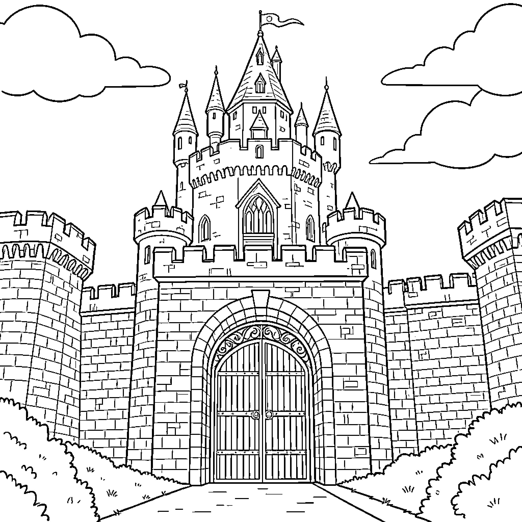 Castle standing majestically with tall towers and large gates Coloring Page (free black-and-white line drawing printable PDF for all, from beginners to advanced learners, including children, teens, adults, and seniors)