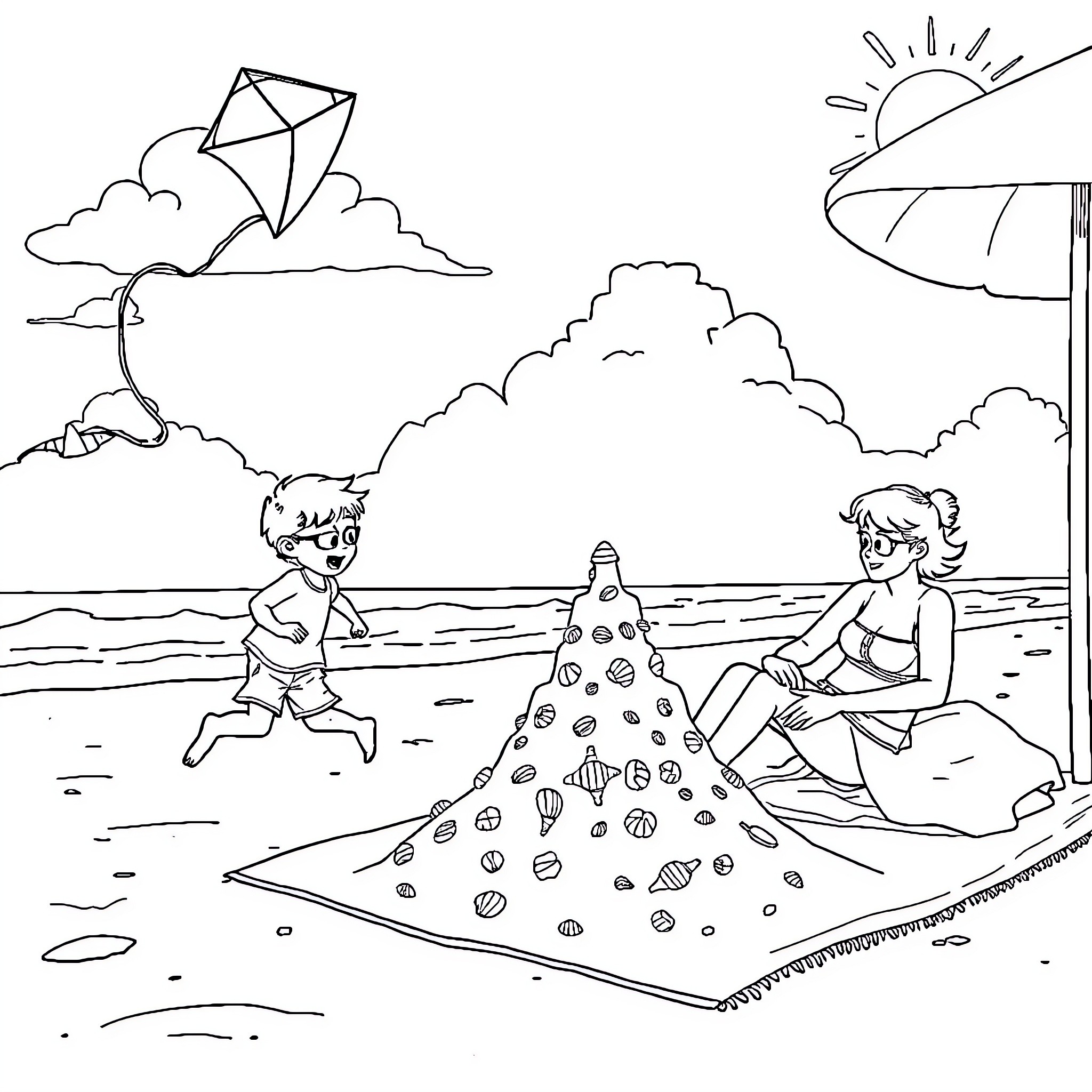 Beach scene with kids playing and building sandcastles Coloring Page (free black-and-white line drawing printable PDF for all, from beginners to advanced learners, including children, teens, adults, and seniors)