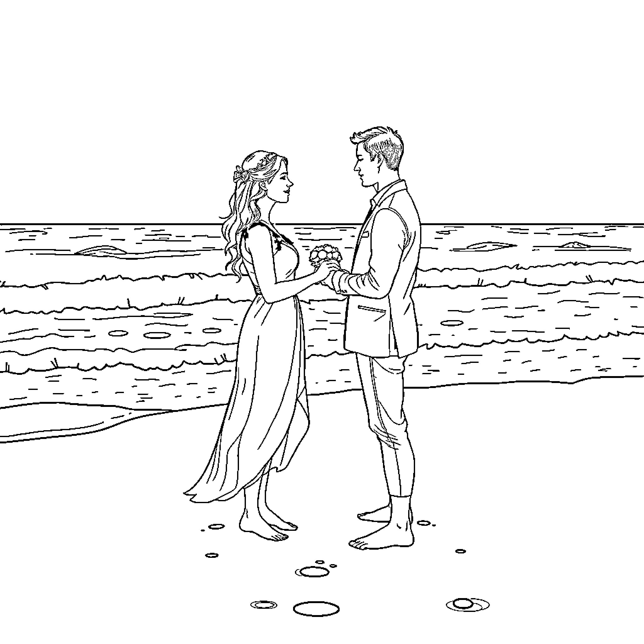 Couple embracing by the sea Coloring Page (free black-and-white line drawing printable PDF for all, from beginners to advanced learners, including children, teens, adults, and seniors)