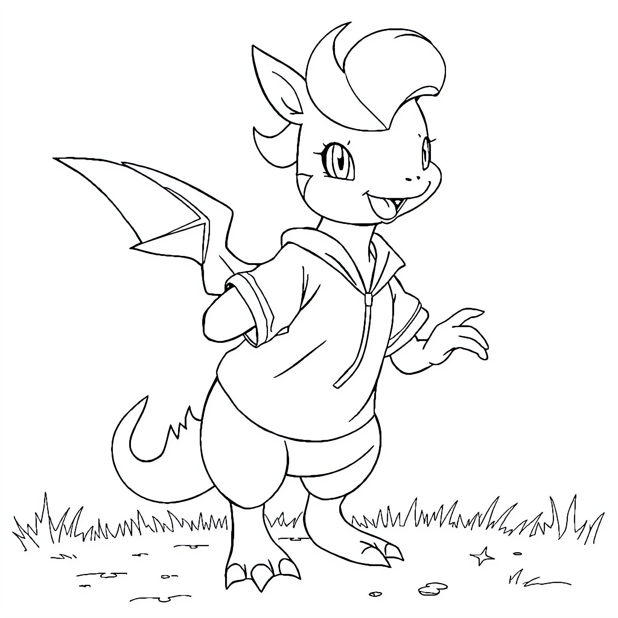 Pokemon Trainer in a Cheerful Outdoor Scene Coloring Page (free black-and-white line drawing printable PDF for all, from beginners to advanced learners, including children, teens, adults, and seniors)