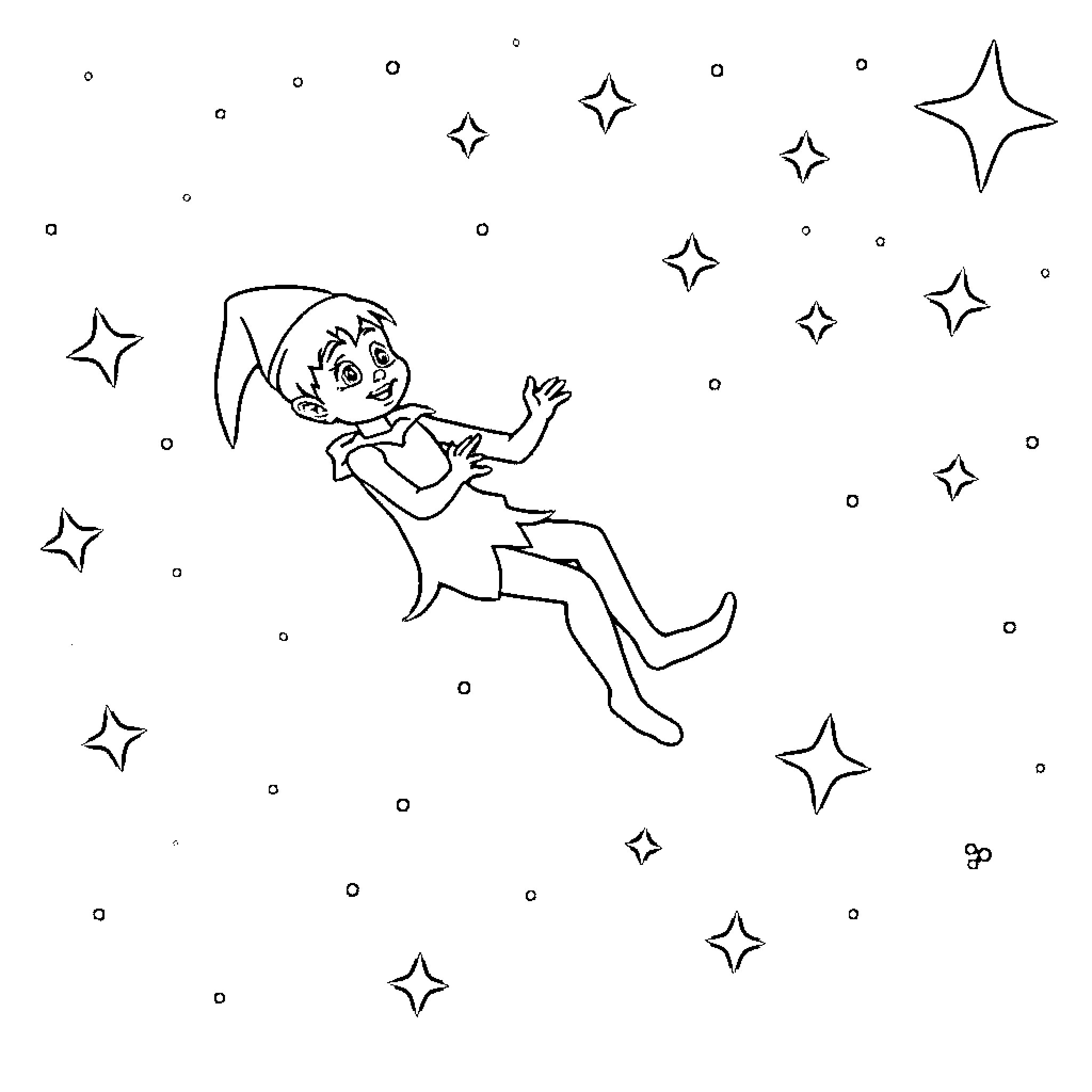 Elf flying amongst the stars Coloring Page (free black-and-white line drawing printable PDF for all, from beginners to advanced learners, including children, teens, adults, and seniors)